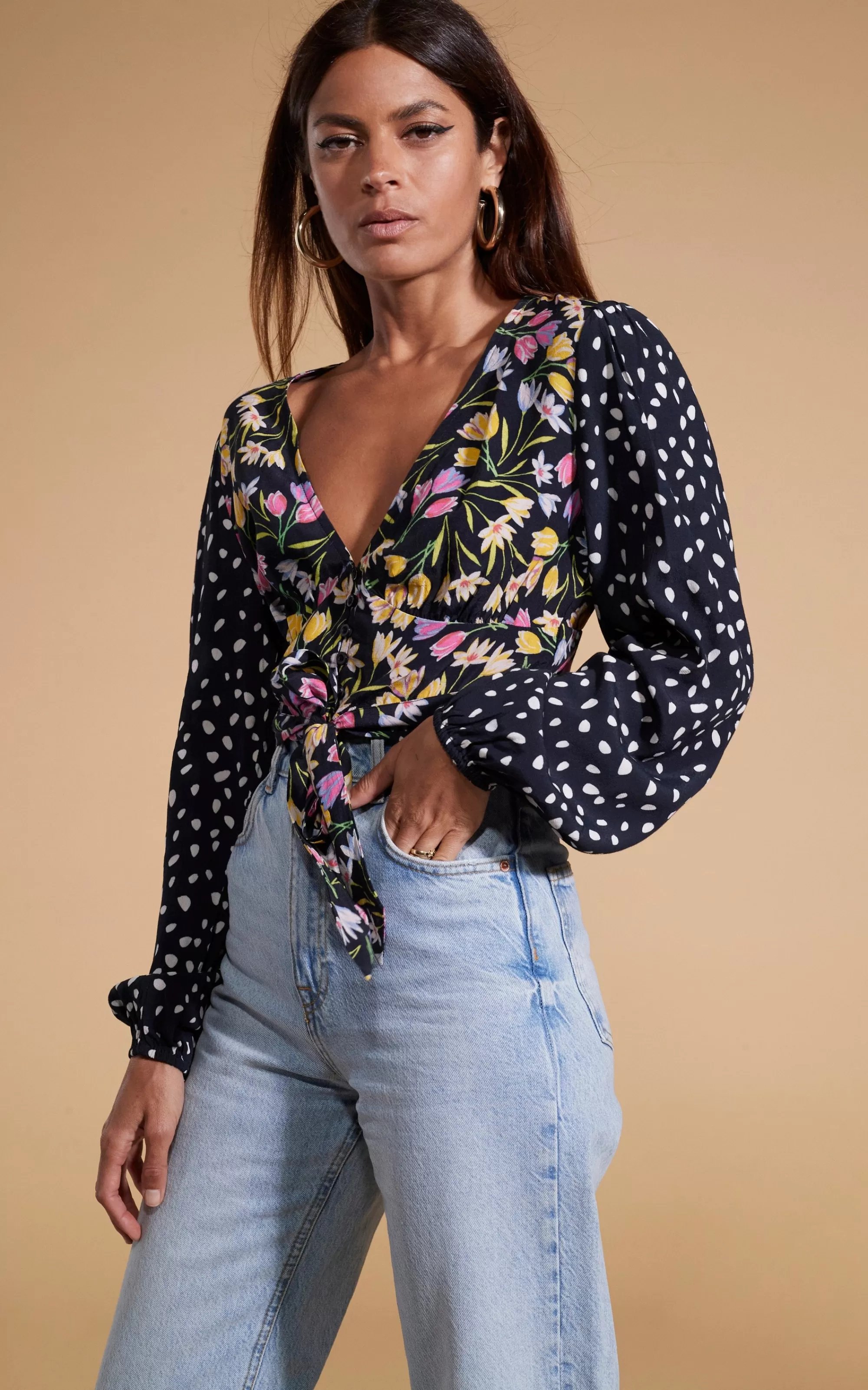 Tops>Dancing Leopard Betsy Tie Front Top In Citrus Tulip And Odd Dot Mix