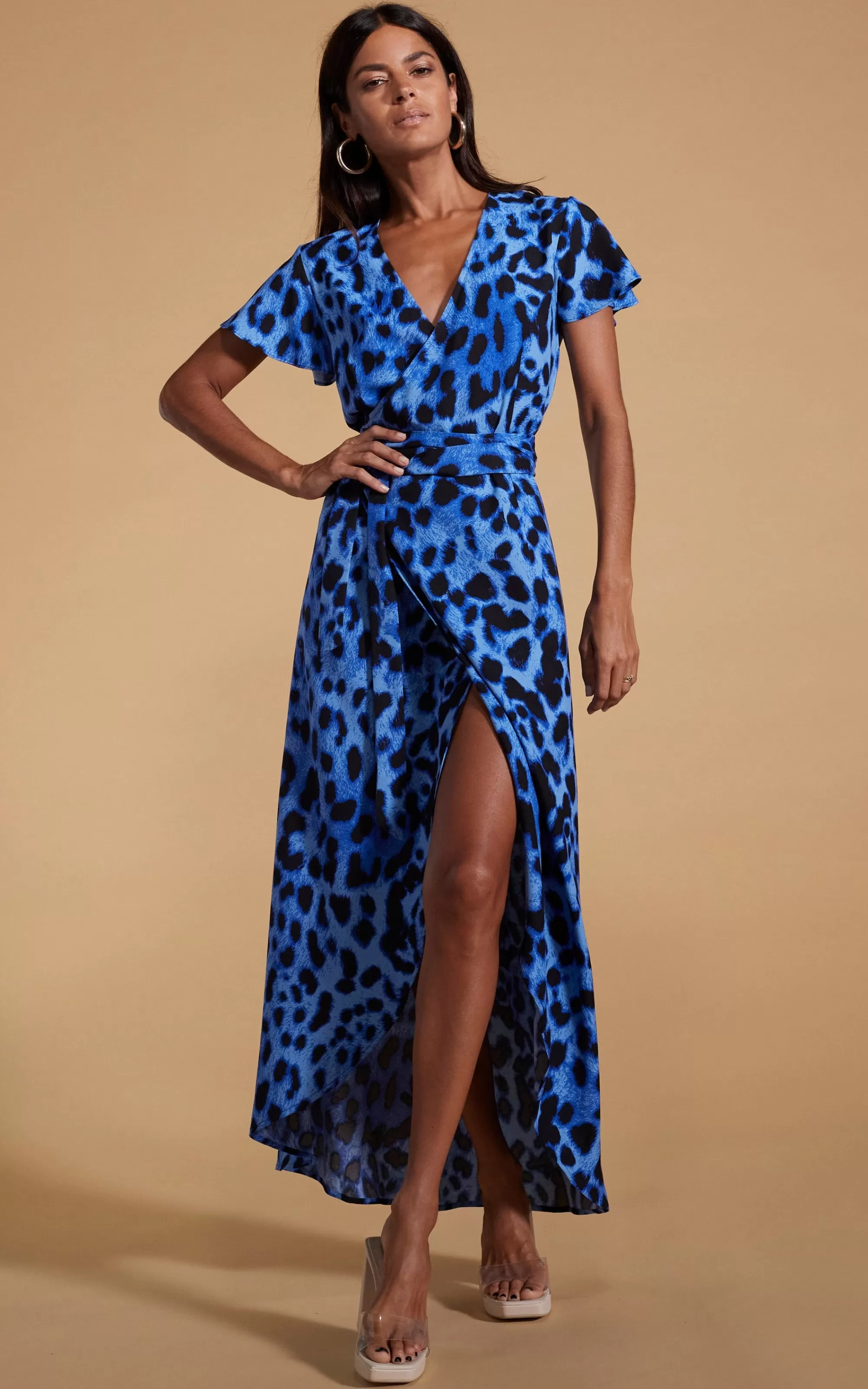 Dresses>Dancing Leopard Cayenne Wrap Dress In Bright Blue Leopard