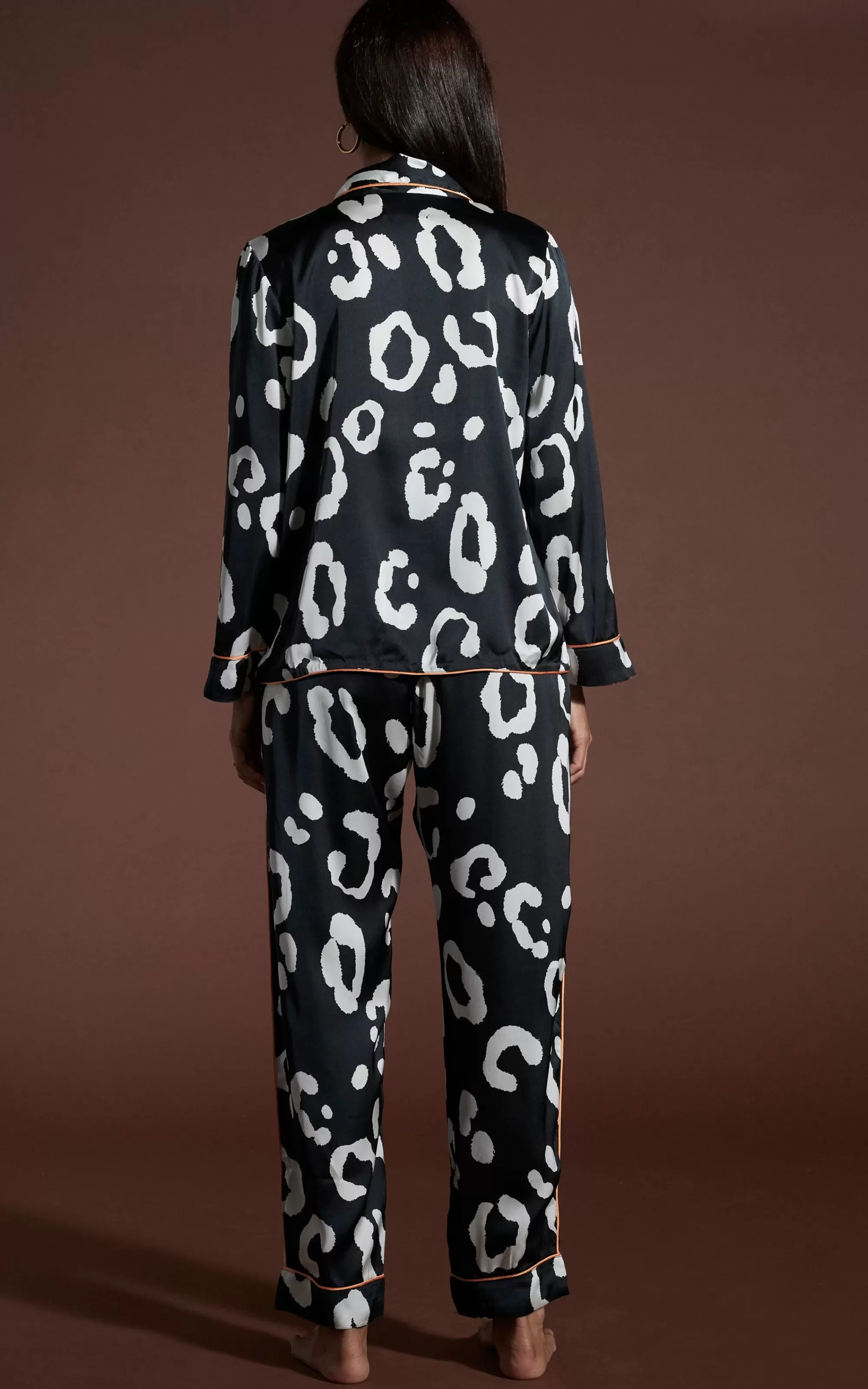 Pyjamas>Dancing Leopard Cosmos Satin Long Leg Pj Set In Oversized Mono Leopard