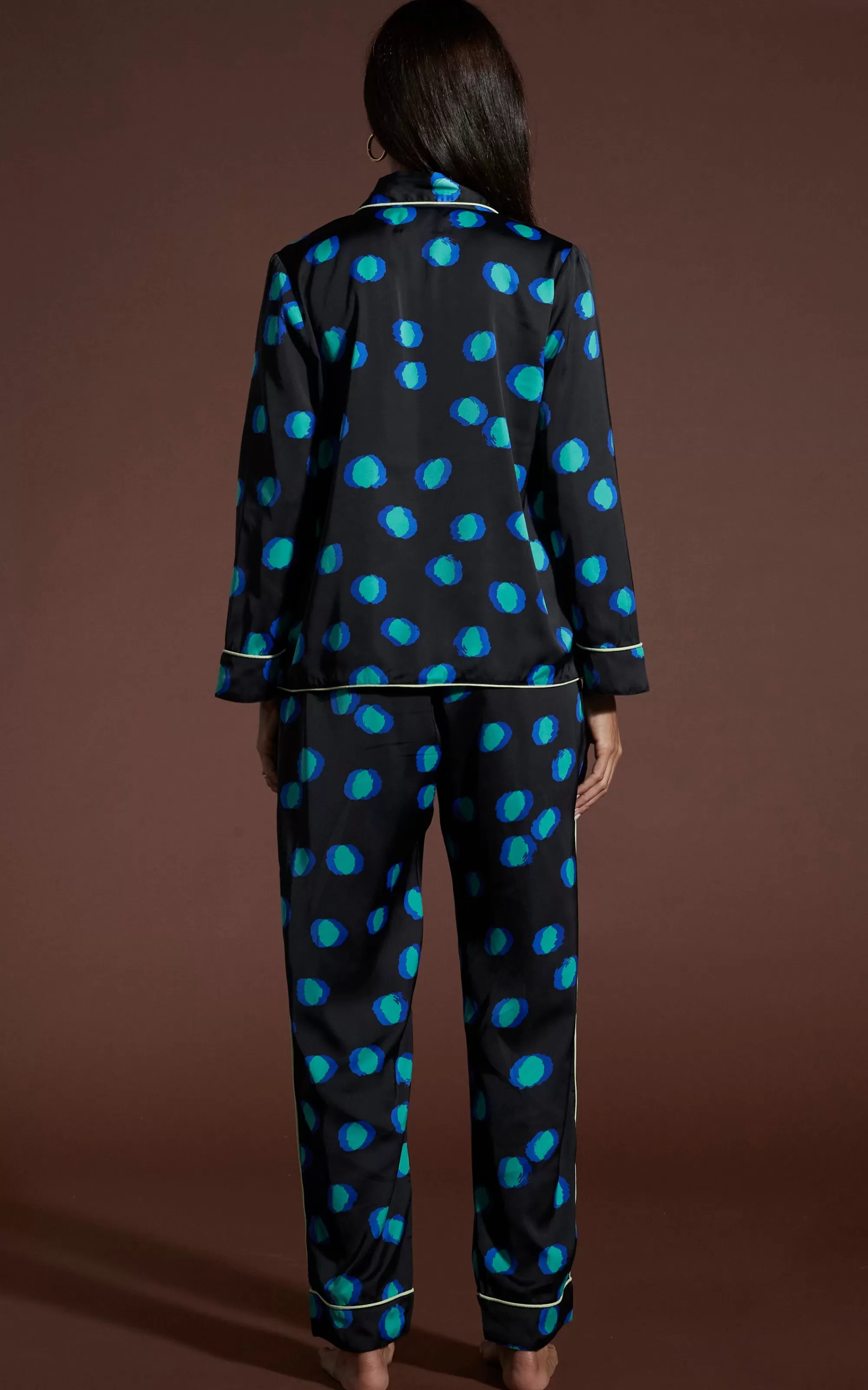 Pyjamas>Dancing Leopard Cosmos Satin Long Leg Pj Set In Polka Dot Blue On Black