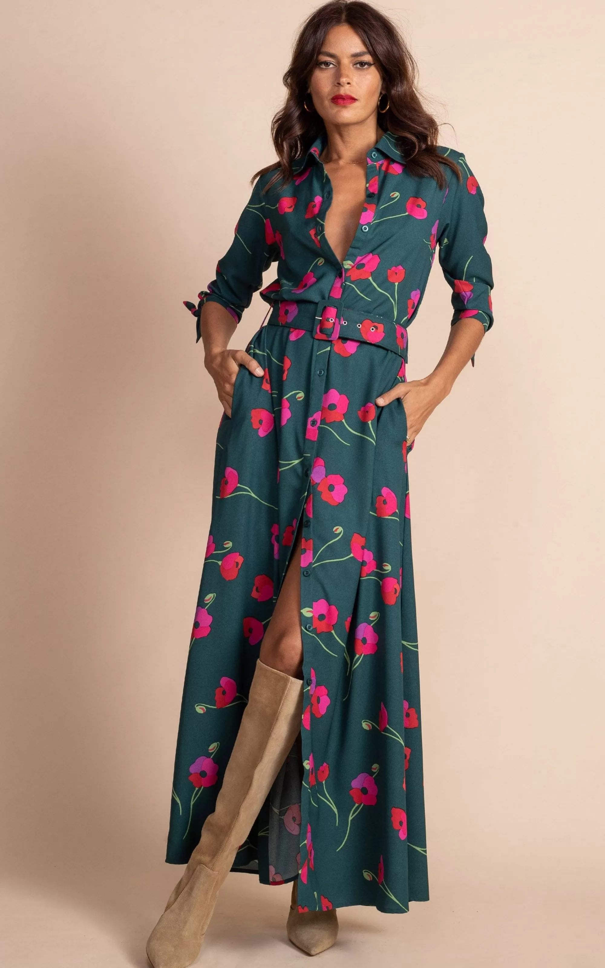 Dresses>Dancing Leopard Dove Dress In Poppies On Dark Green