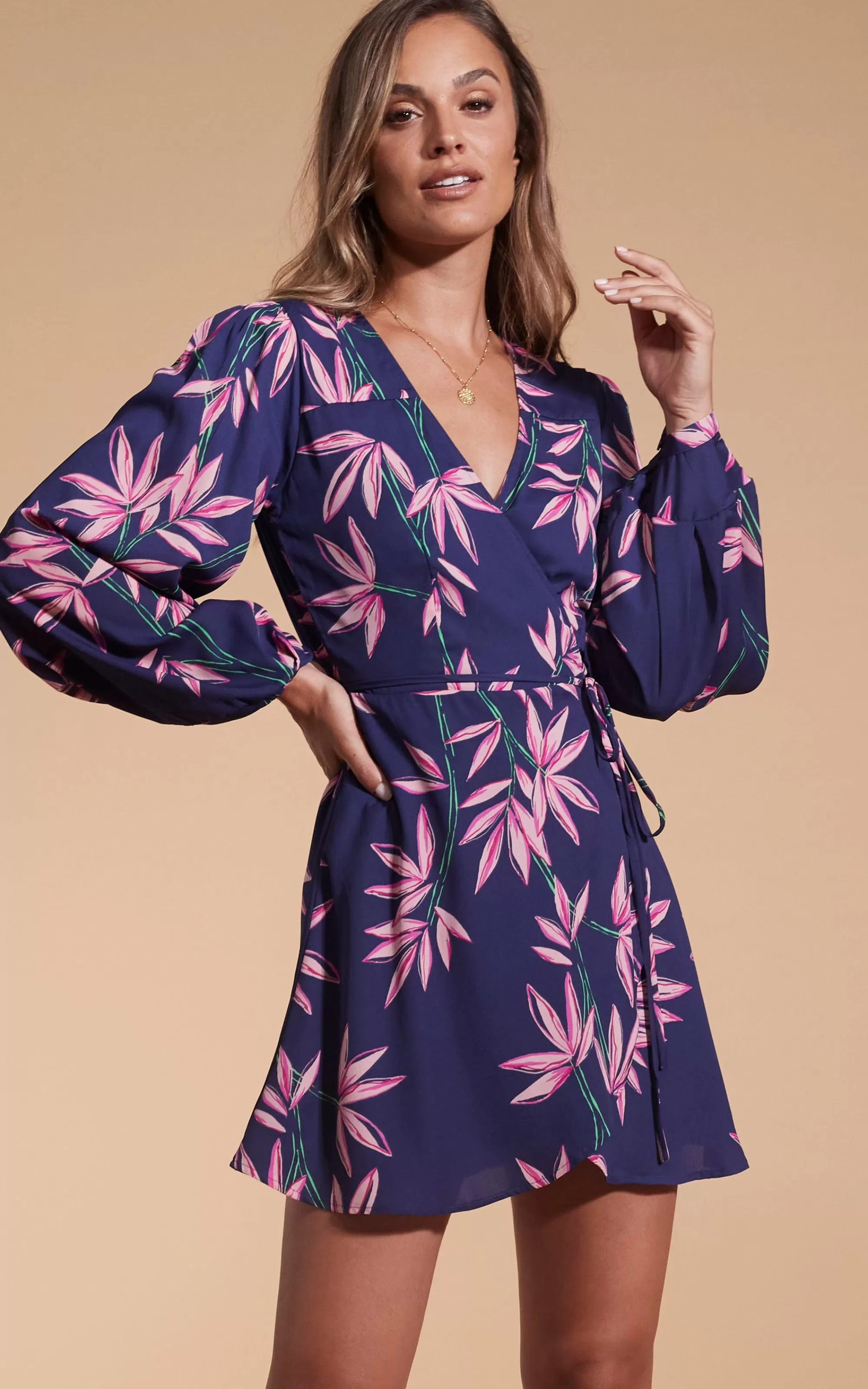 Dresses>Dancing Leopard Ginger Mini Wrap Dress In Bamboo Navy Base