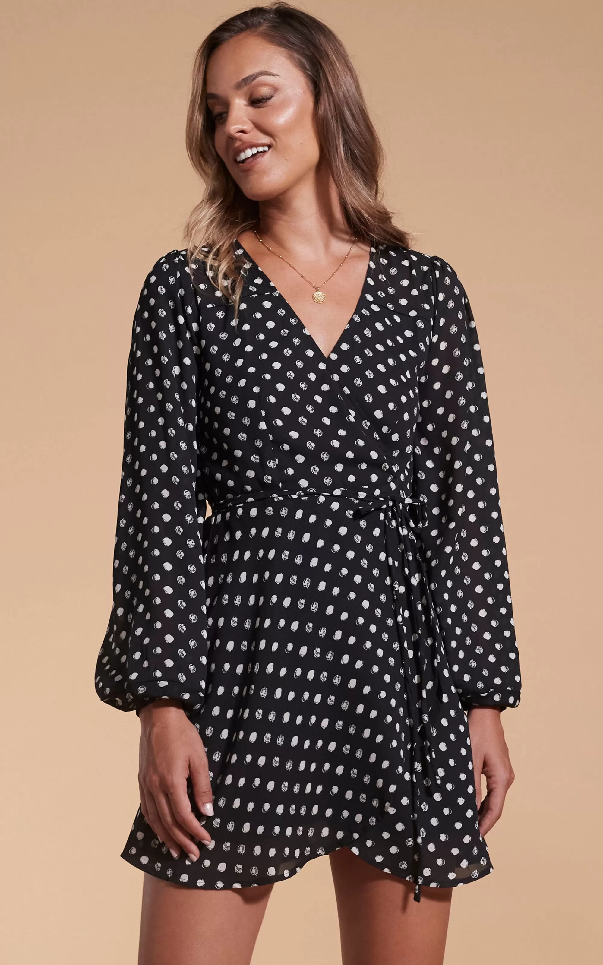 Dresses>Dancing Leopard Ginger Mini Wrap Dress In Black Polka Dot