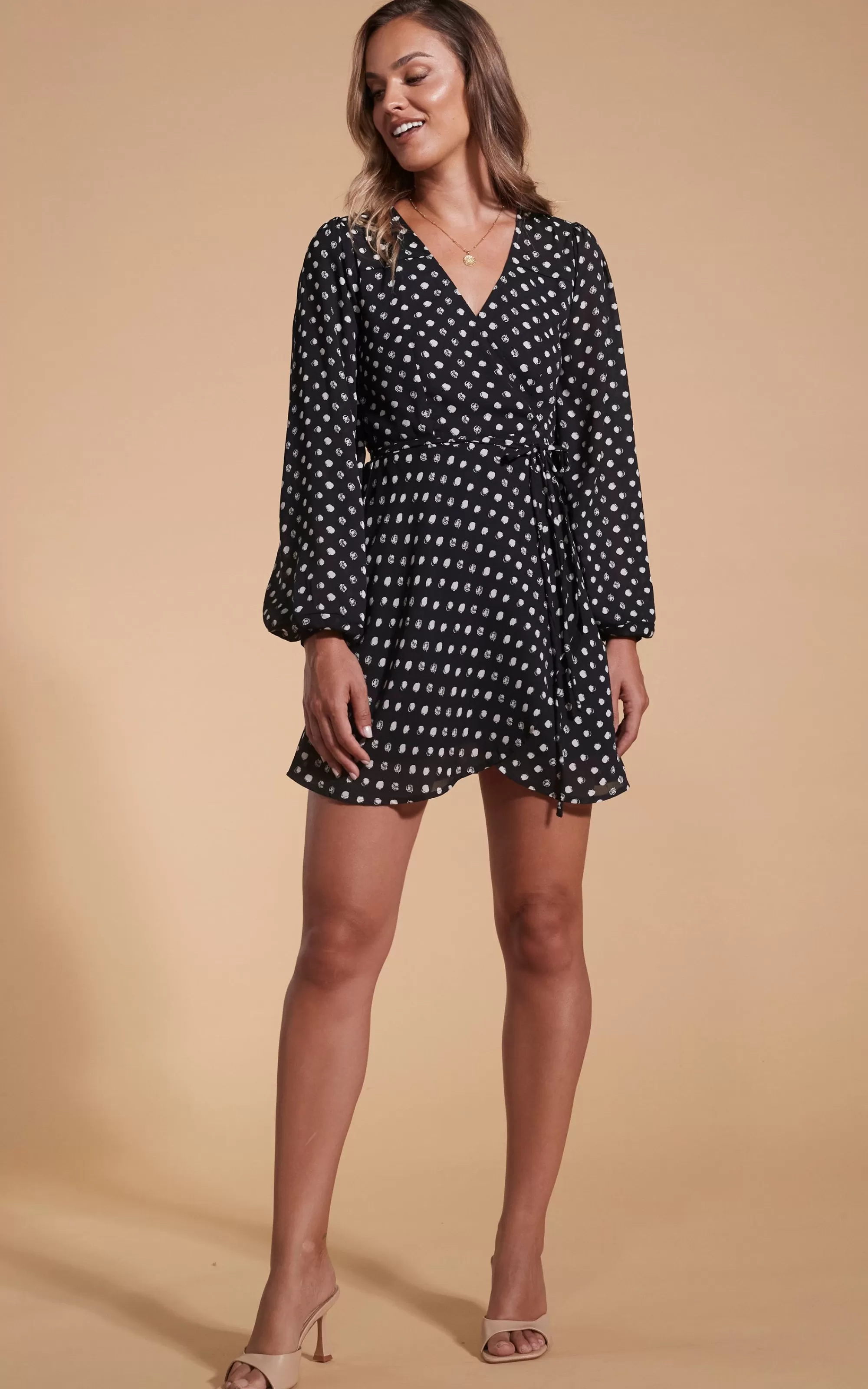 Dresses>Dancing Leopard Ginger Mini Wrap Dress In Black Polka Dot