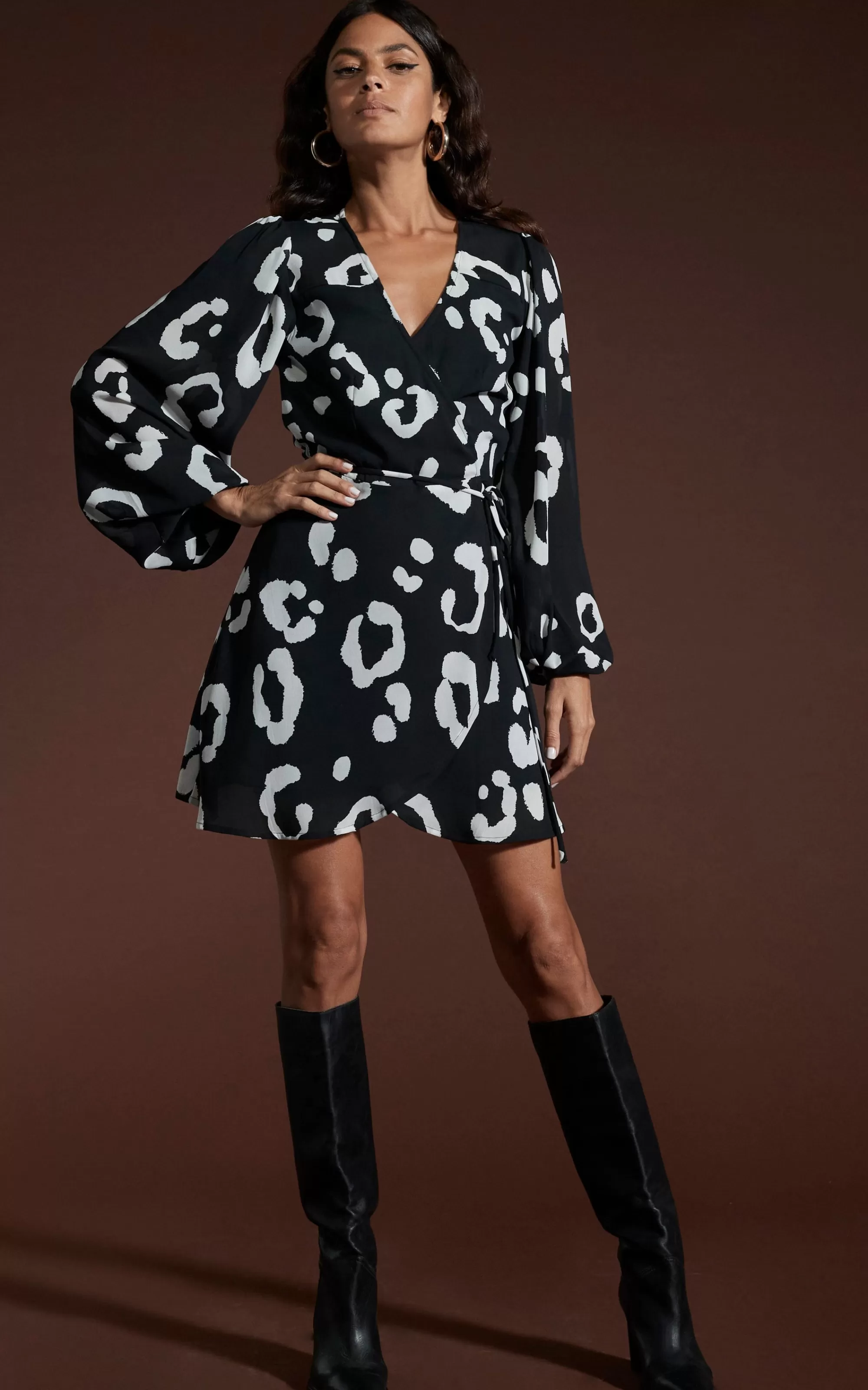 Dresses>Dancing Leopard Ginger Mini Wrap Dress In Oversized Mono Leopard