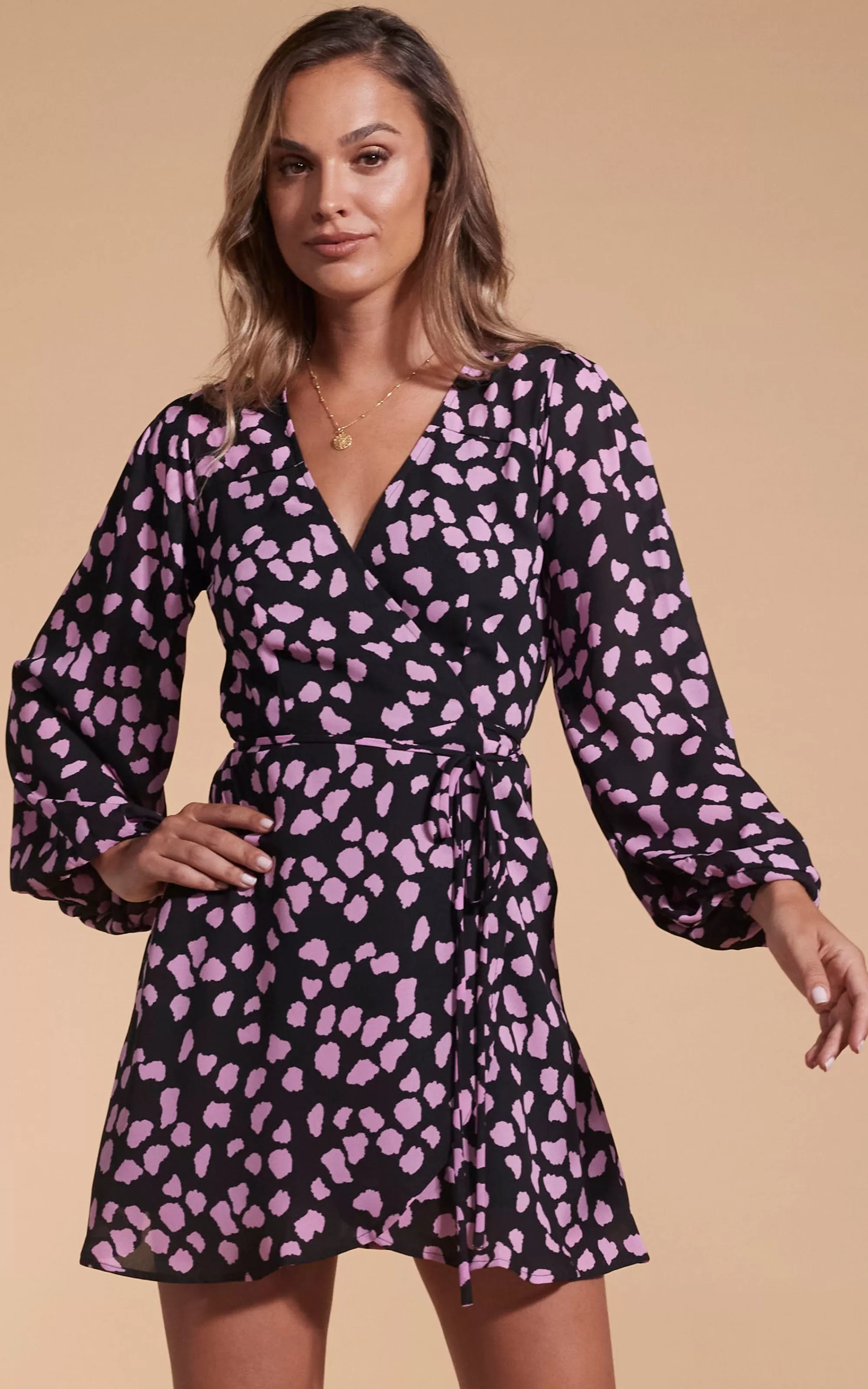Dresses>Dancing Leopard Ginger Mini Wrap Dress In Pink On Black Cloud
