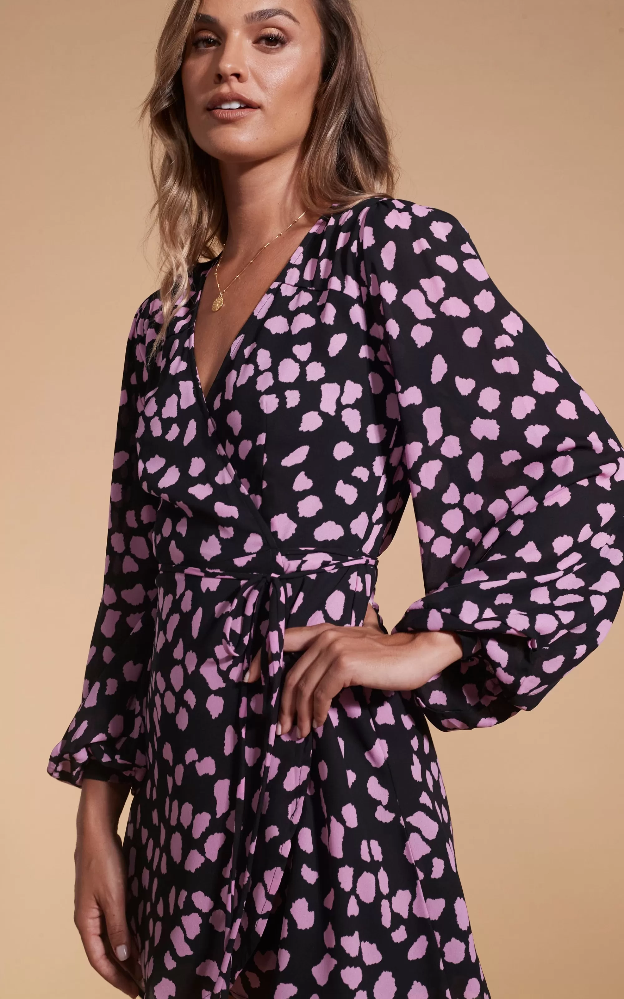 Dresses>Dancing Leopard Ginger Mini Wrap Dress In Pink On Black Cloud