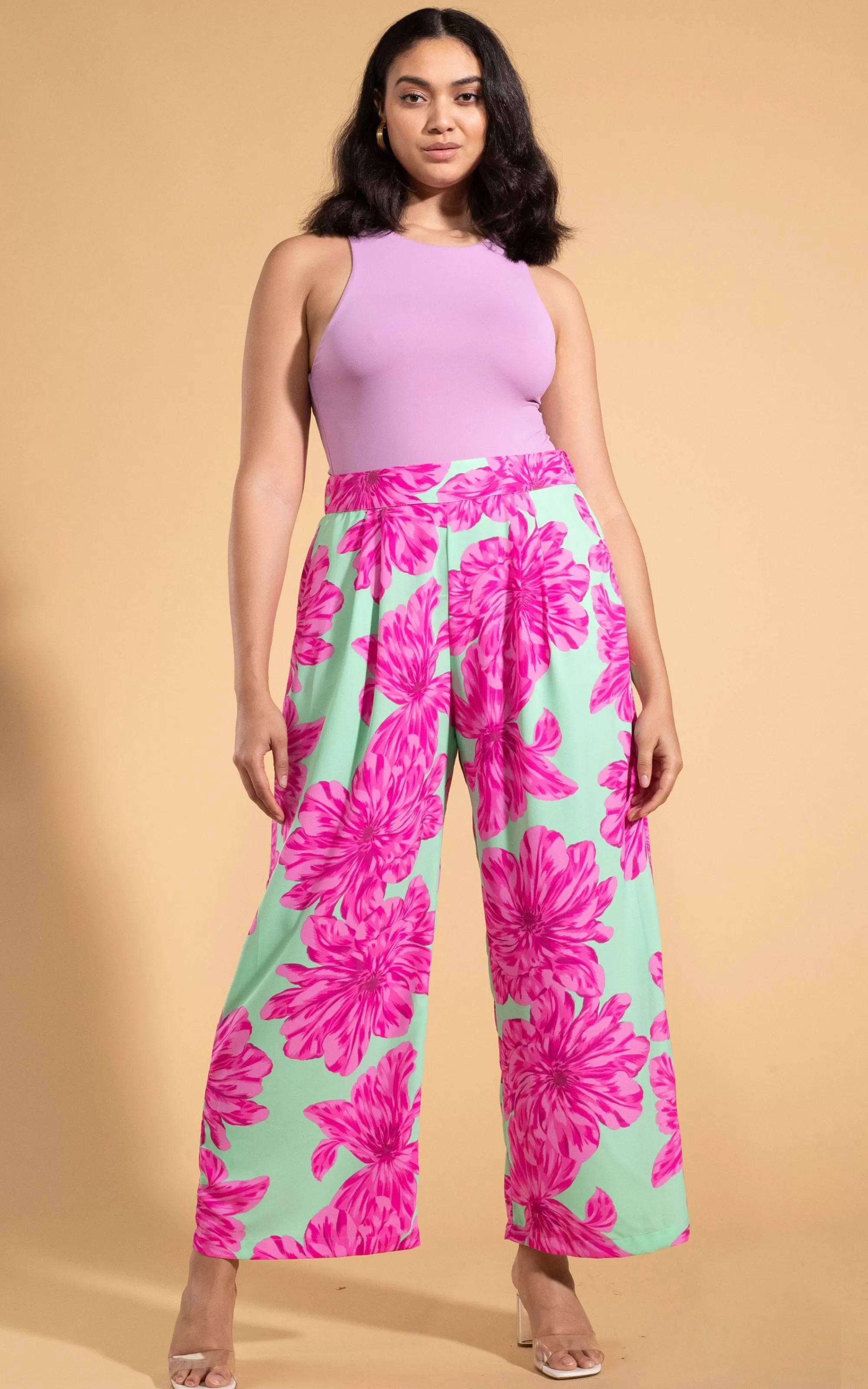 Trousers>Dancing Leopard Joey Palazzo Trousers In Pink On Mint Bloom