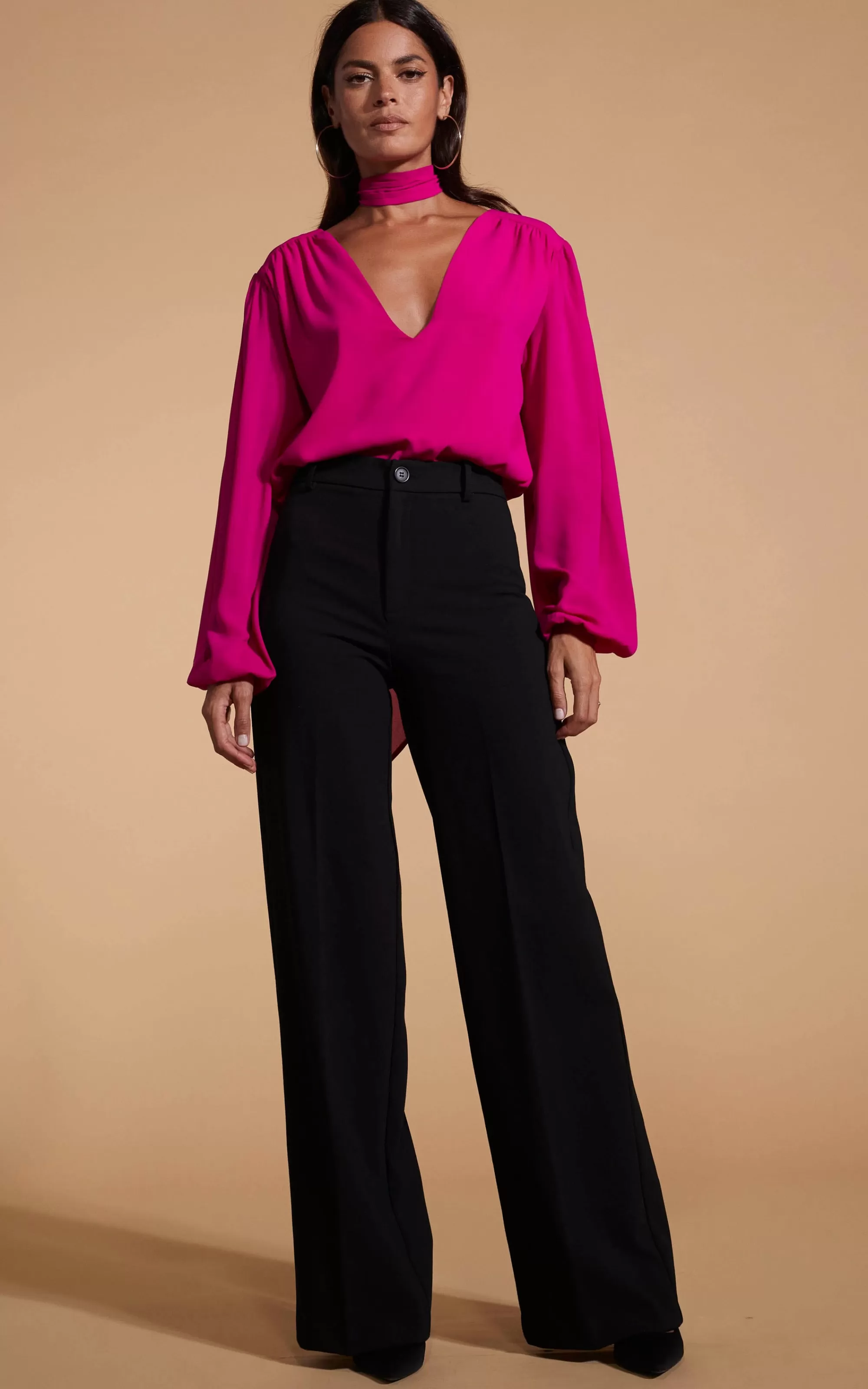 Tops>Dancing Leopard Lyma Tie Neck Top In Solid Magenta