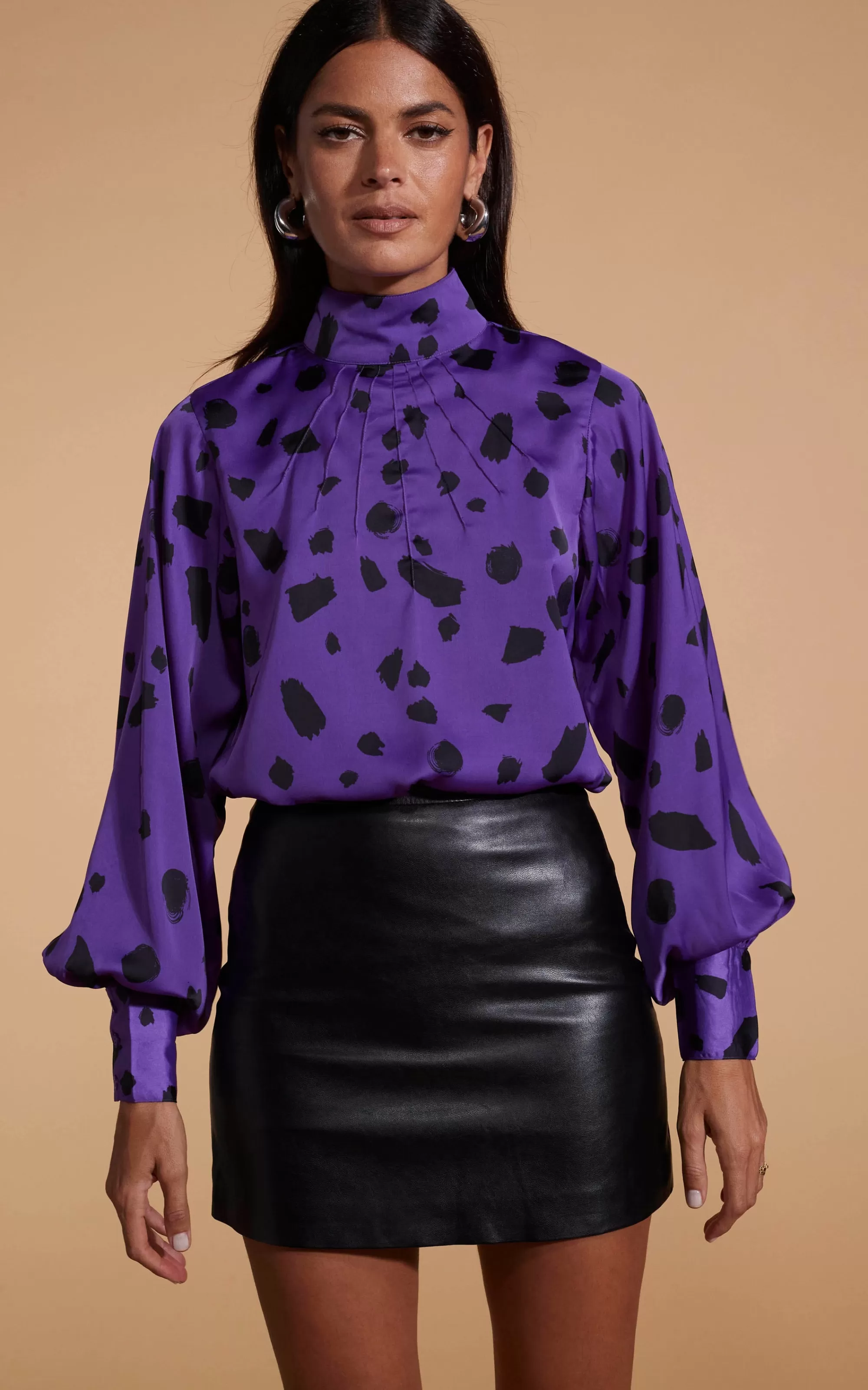 Tops>Dancing Leopard Margo Pintuck Blouse In Abstract Dot Black On Purple