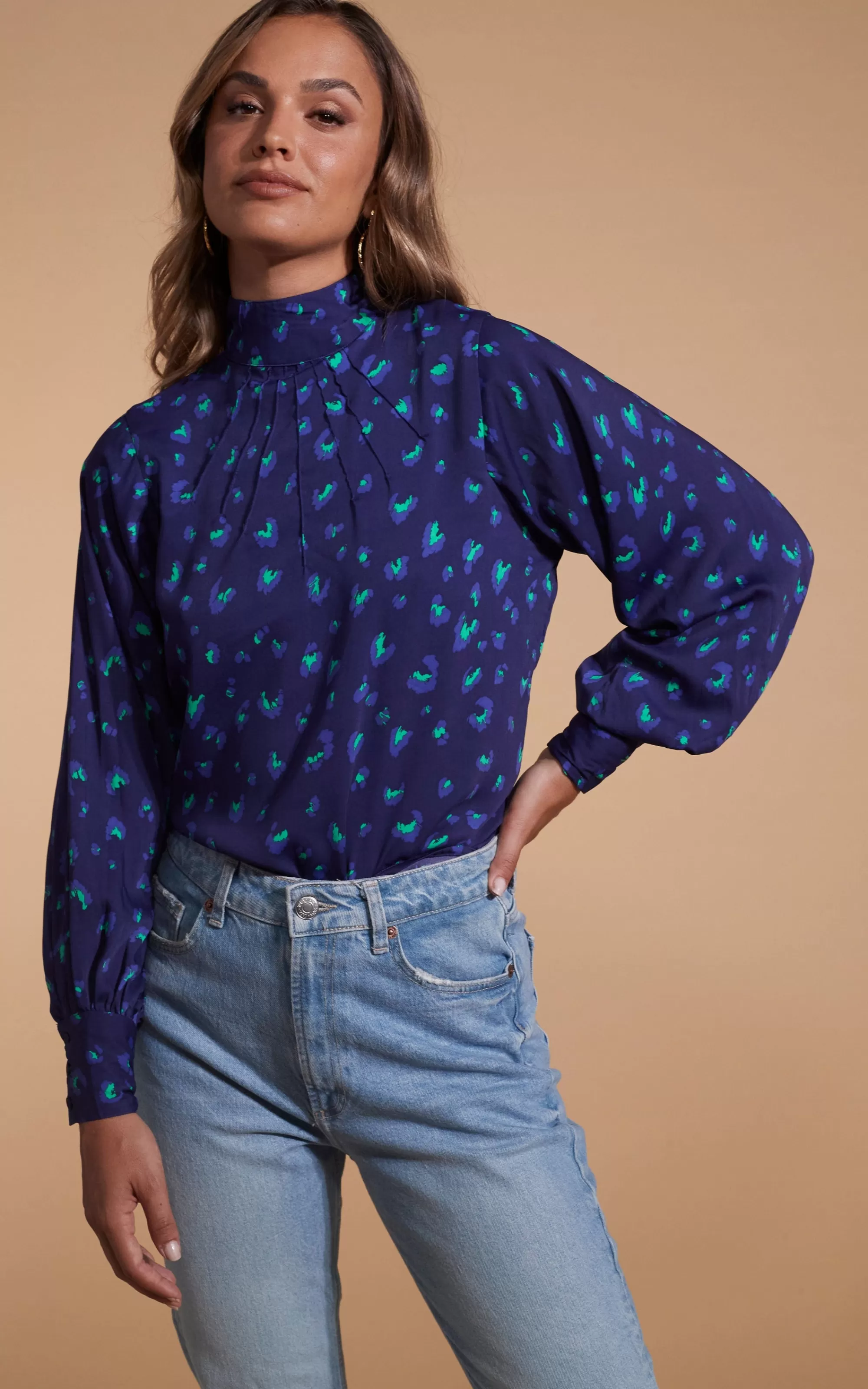 Tops>Dancing Leopard Margo Pintuck Blouse In Abstract Purple On Navy