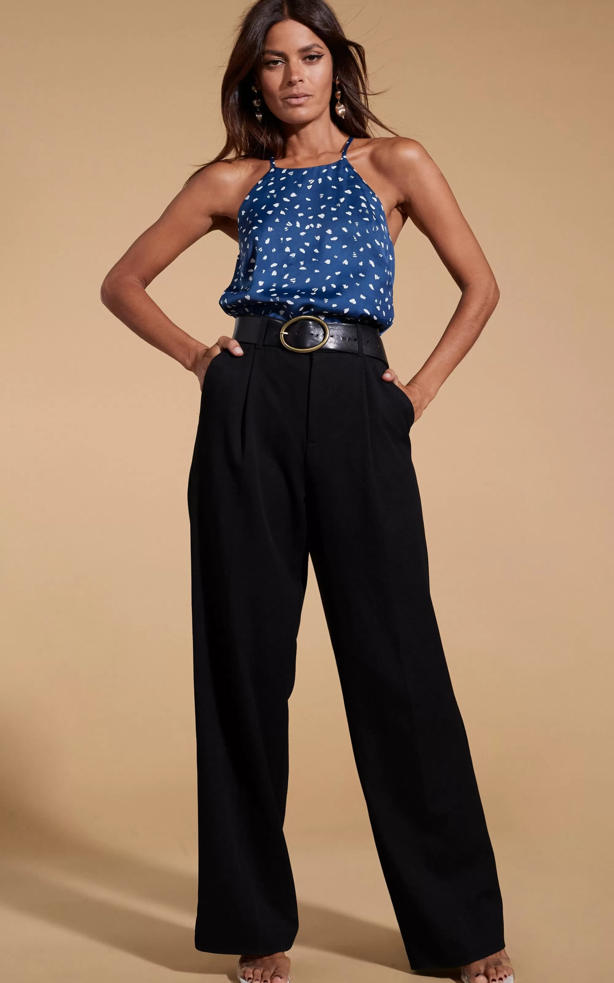 Tops>Dancing Leopard Nina Halter Cami Top In Abstract White On Navy