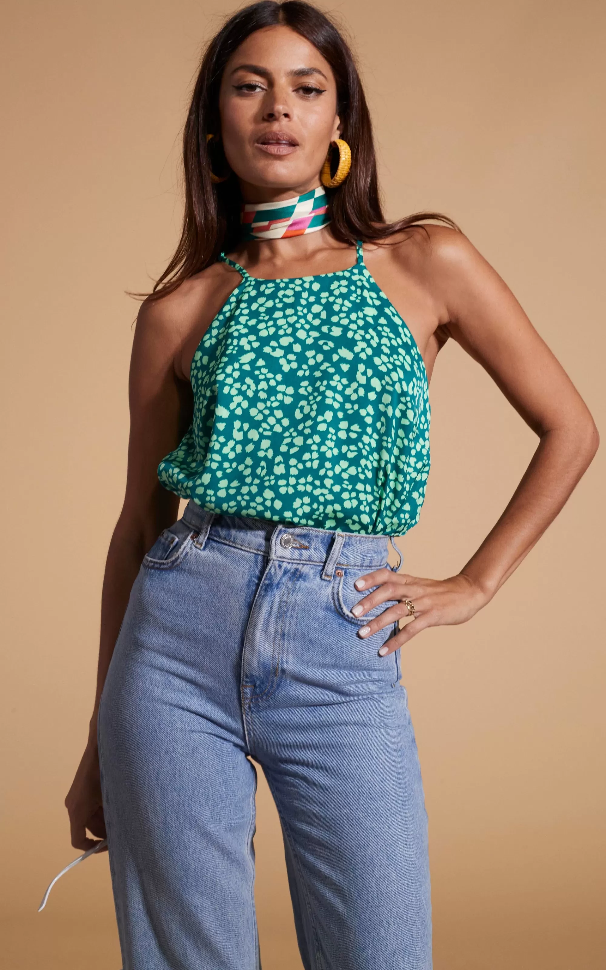 Tops>Dancing Leopard Nina Halter Cami Top In Green On Green Leopard