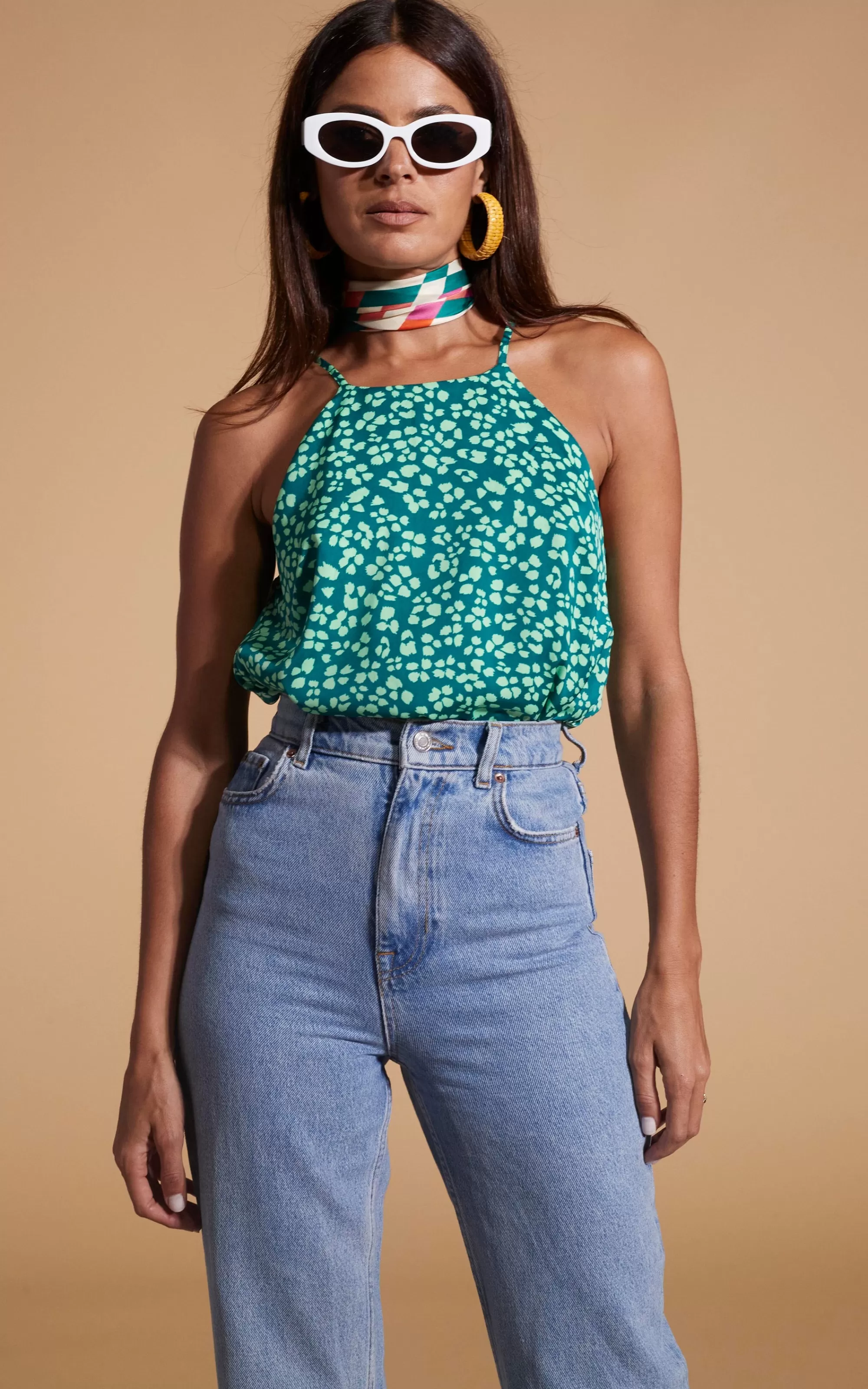 Tops>Dancing Leopard Nina Halter Cami Top In Green On Green Leopard