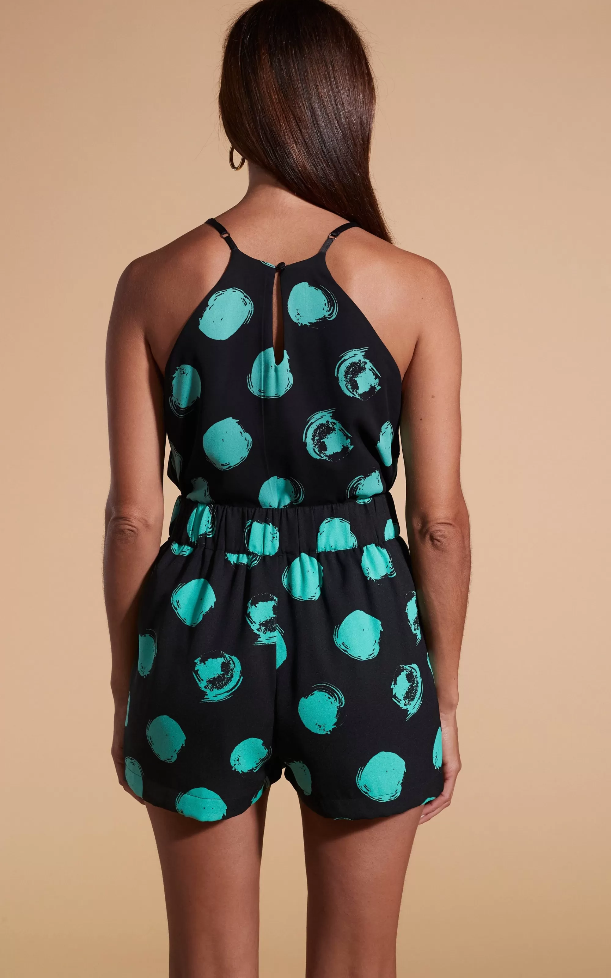 Tops>Dancing Leopard Nina Halter Cami Top In Large Dot Green On Black