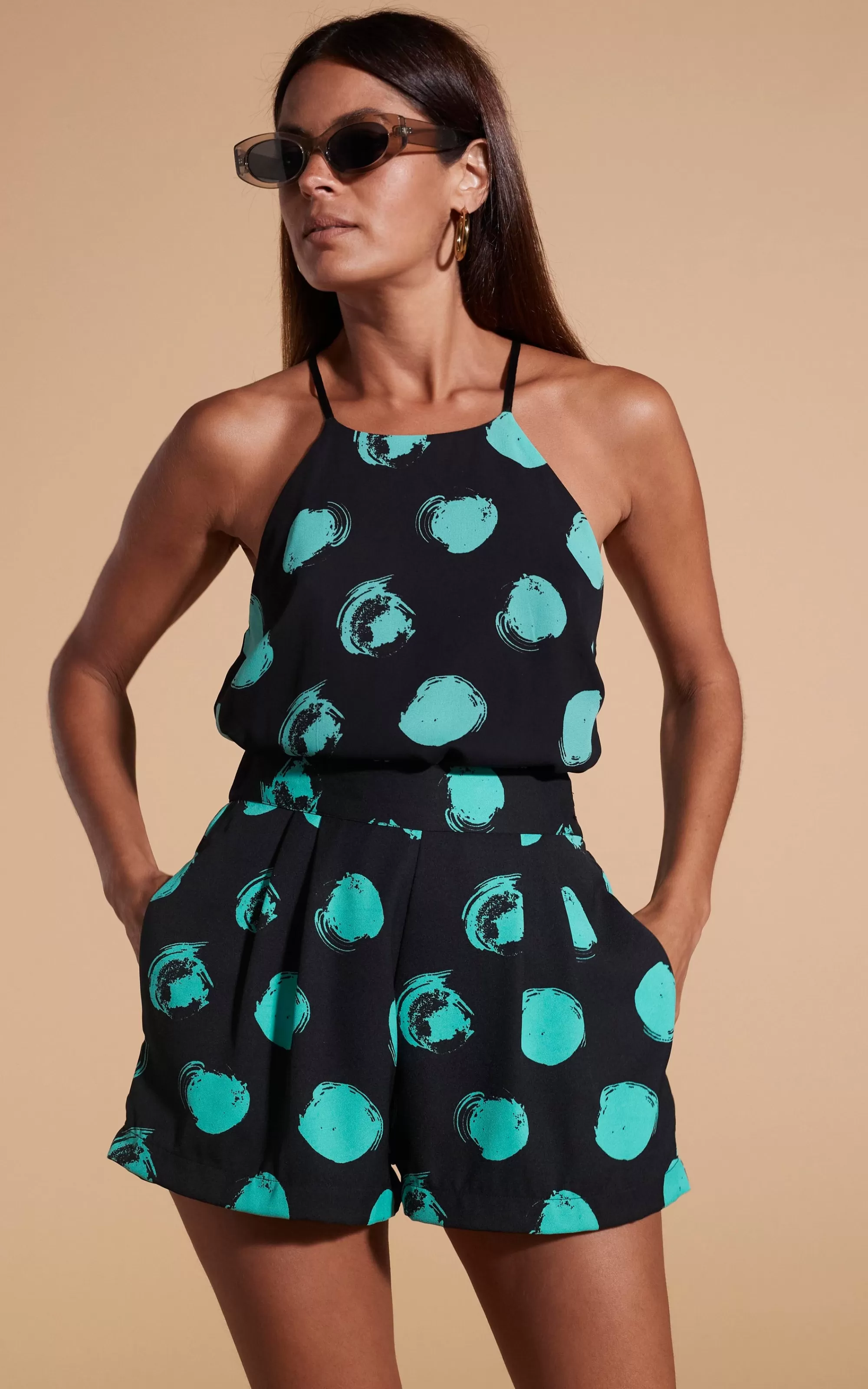Tops>Dancing Leopard Nina Halter Cami Top In Large Dot Green On Black