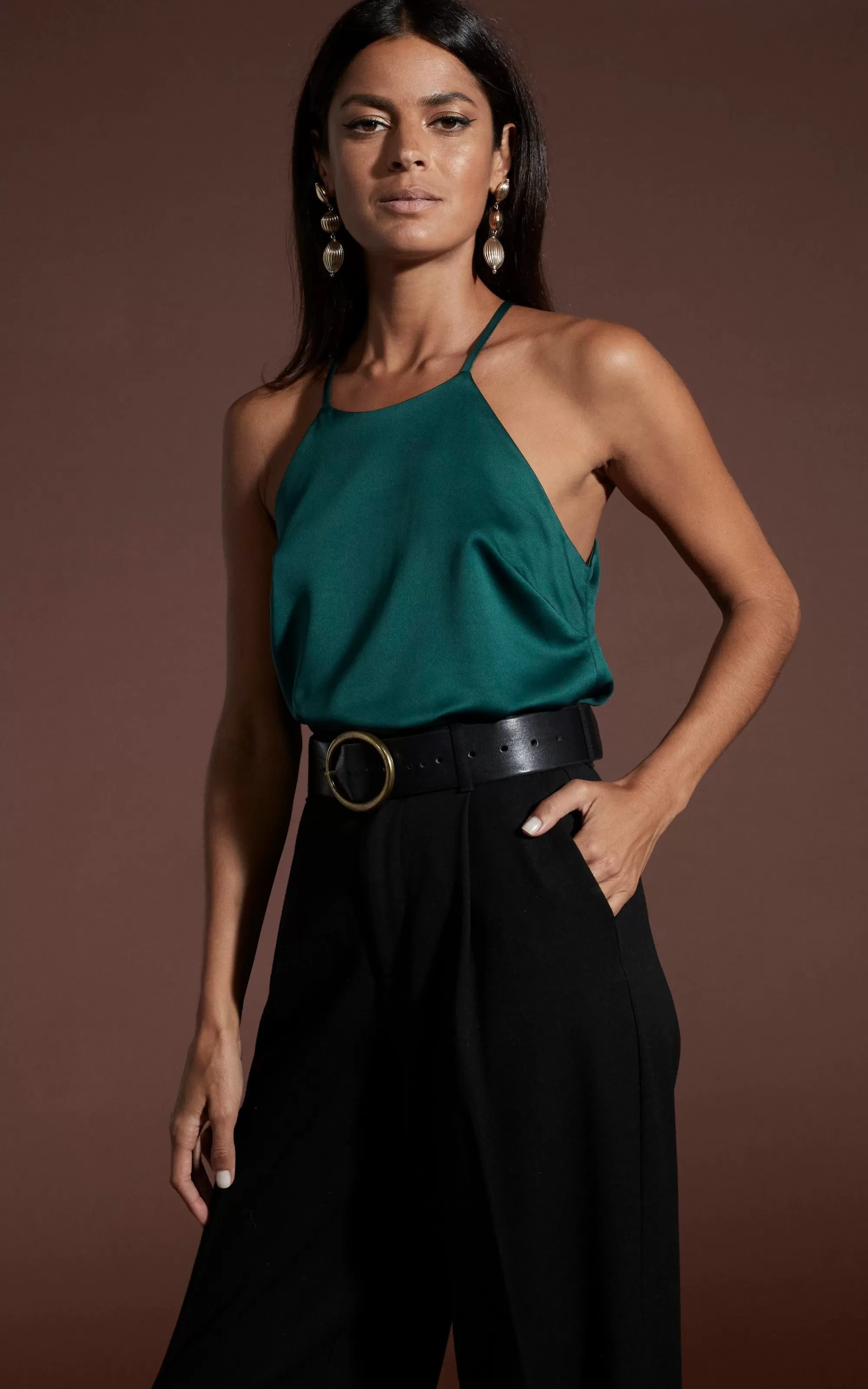 Tops>Dancing Leopard Nina Halter Cami Top In Pine Green