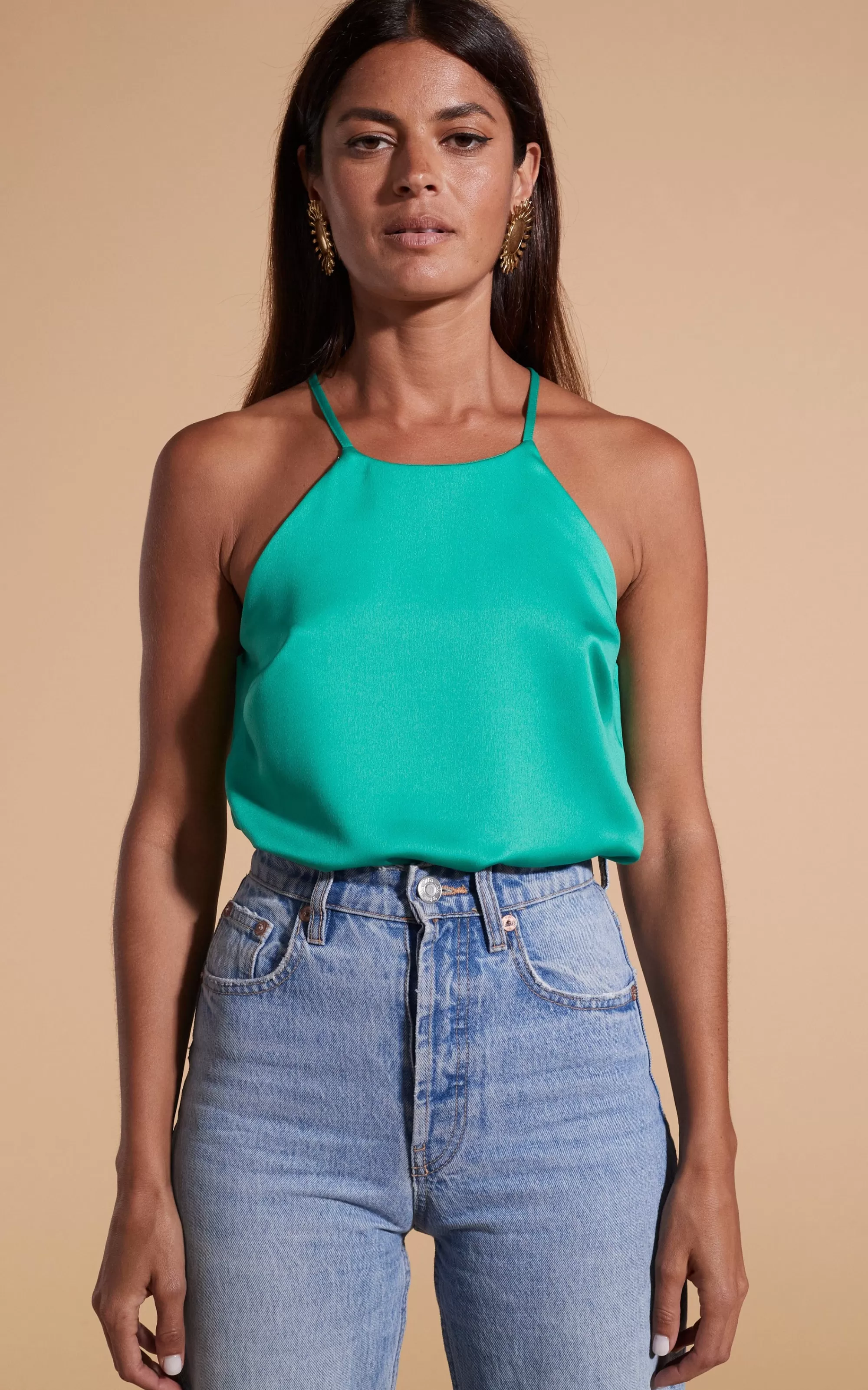 Tops>Dancing Leopard Nina Halter Cami Top In Teal Green