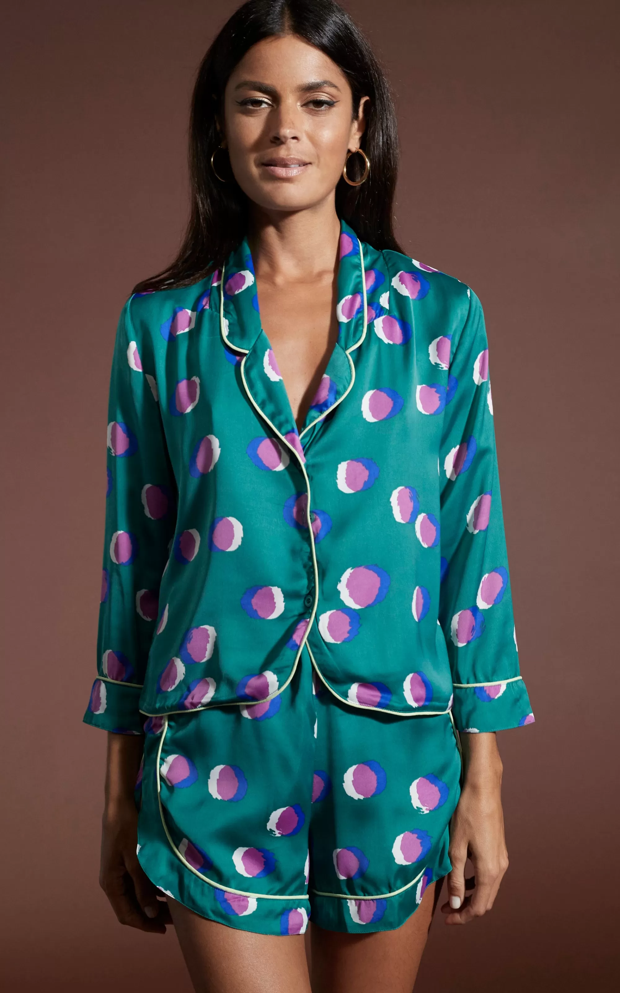 Pyjamas>Dancing Leopard Oona Shortie Pj Set In Polka Dot Purple On Green