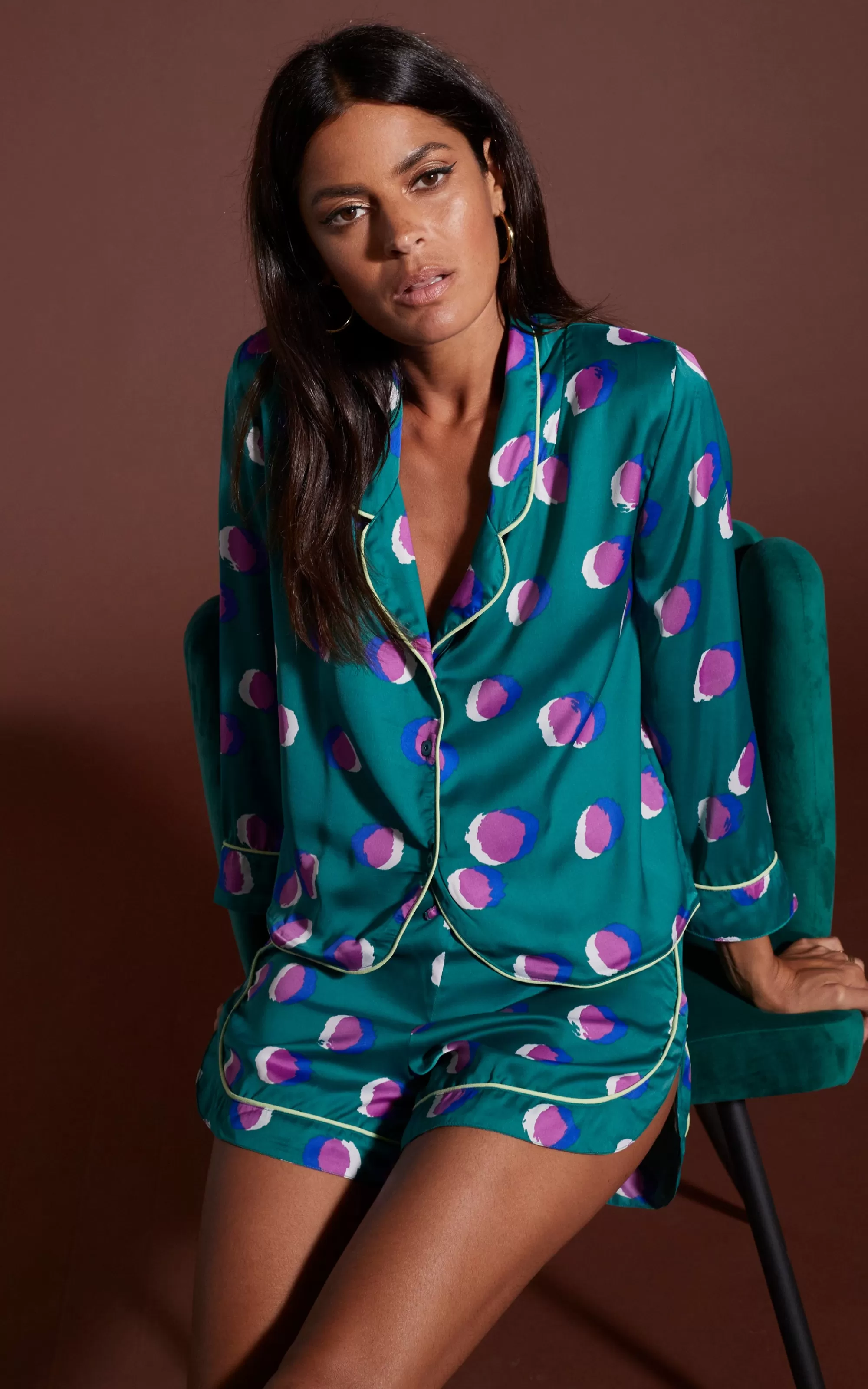 Pyjamas>Dancing Leopard Oona Shortie Pj Set In Polka Dot Purple On Green