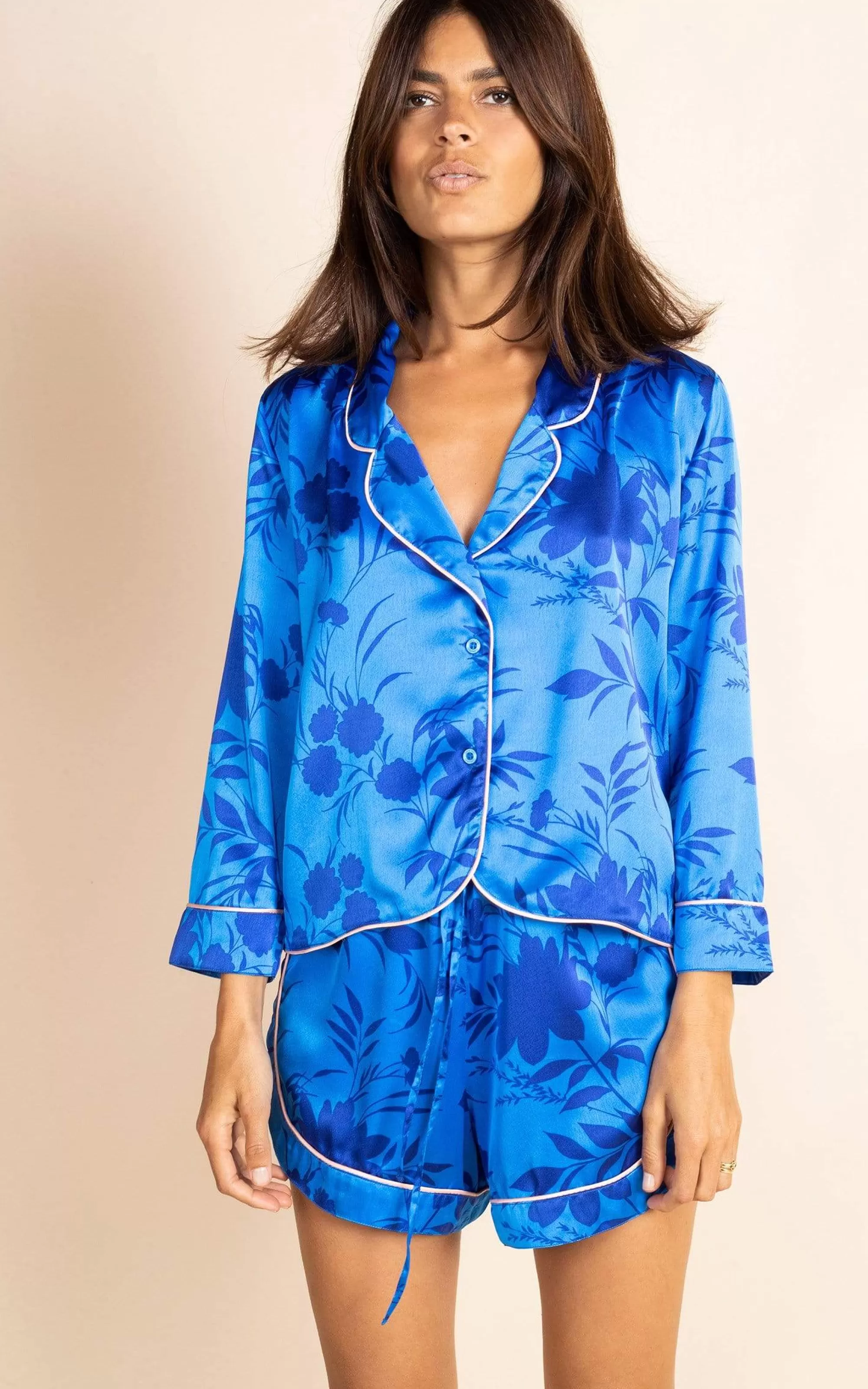 Pyjamas>Dancing Leopard Oona Shortie Pj Set In Silhouette Light Blue
