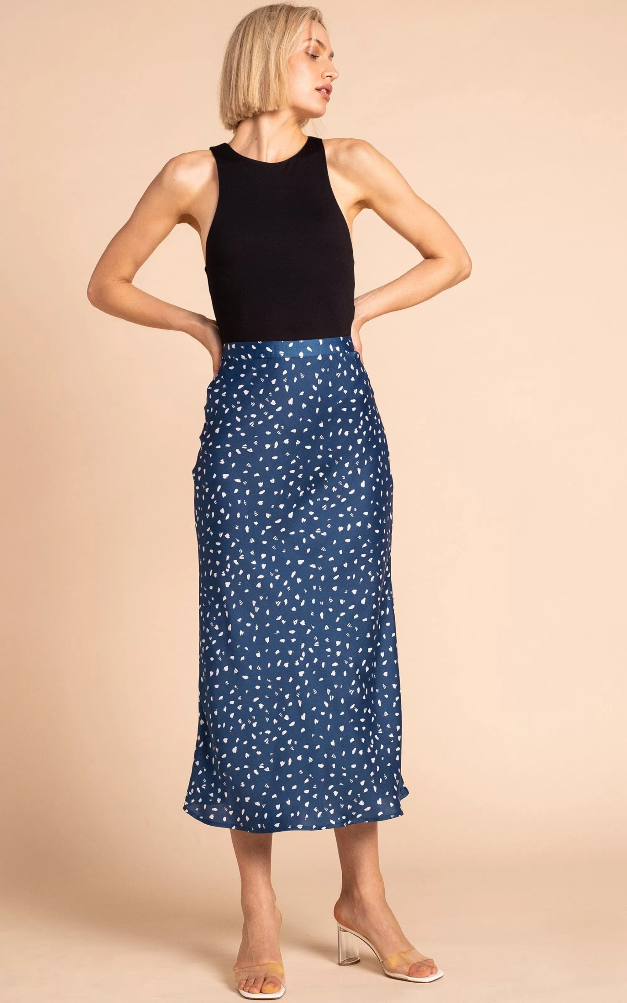 Skirts>Dancing Leopard Renzo Satin Midi Slip Skirt In Abstract White On Navy
