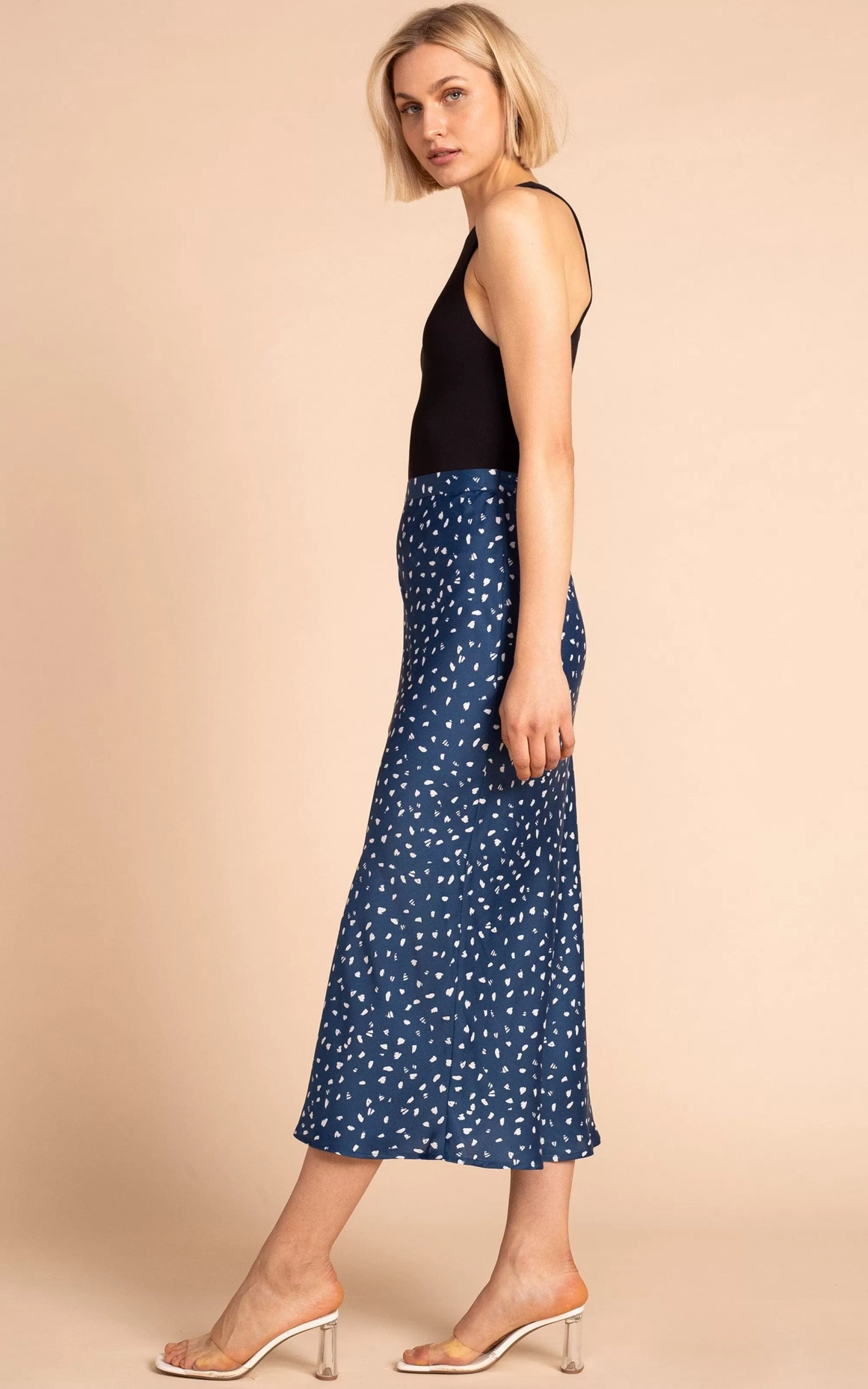 Skirts>Dancing Leopard Renzo Satin Midi Slip Skirt In Abstract White On Navy
