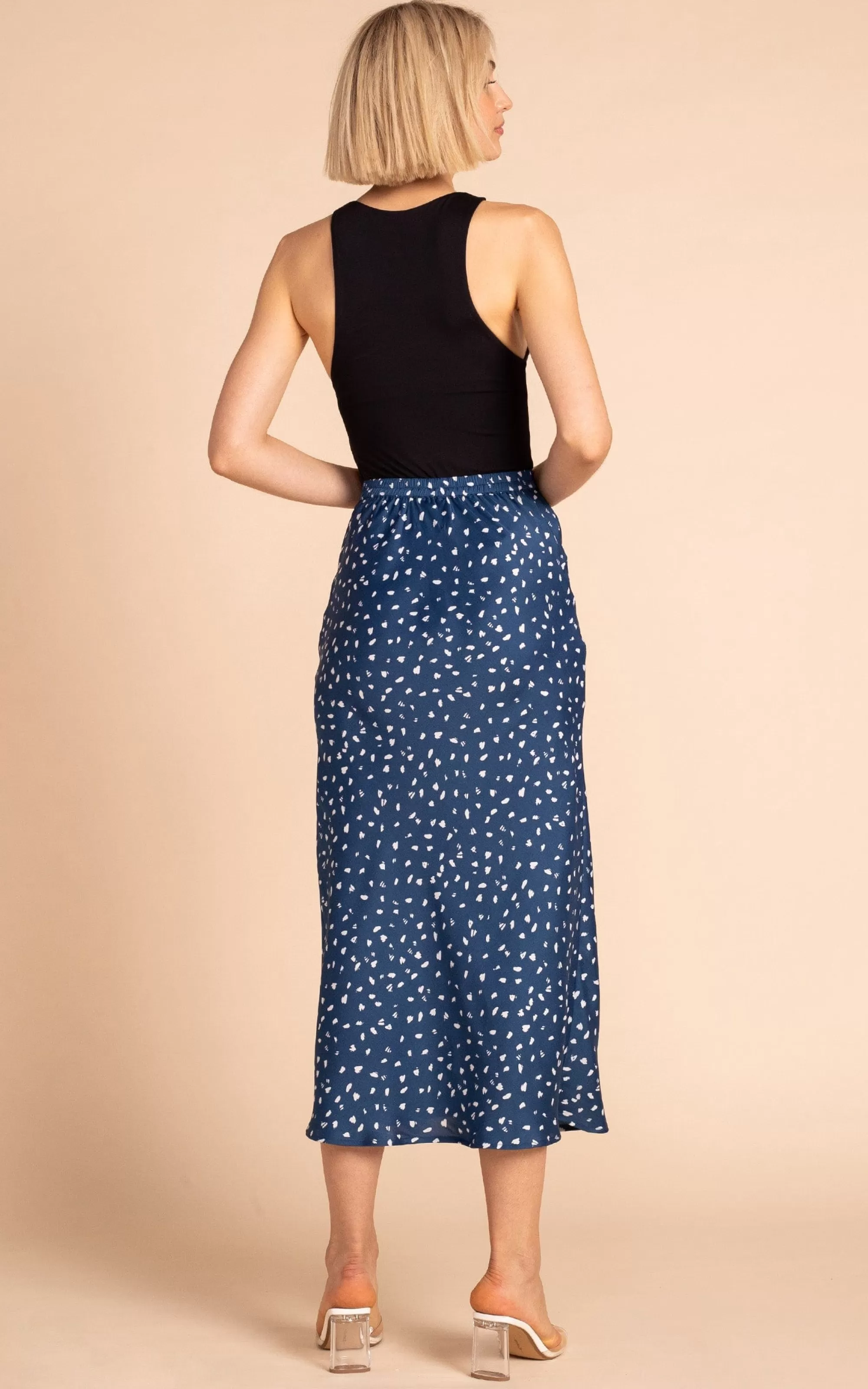 Skirts>Dancing Leopard Renzo Satin Midi Slip Skirt In Abstract White On Navy
