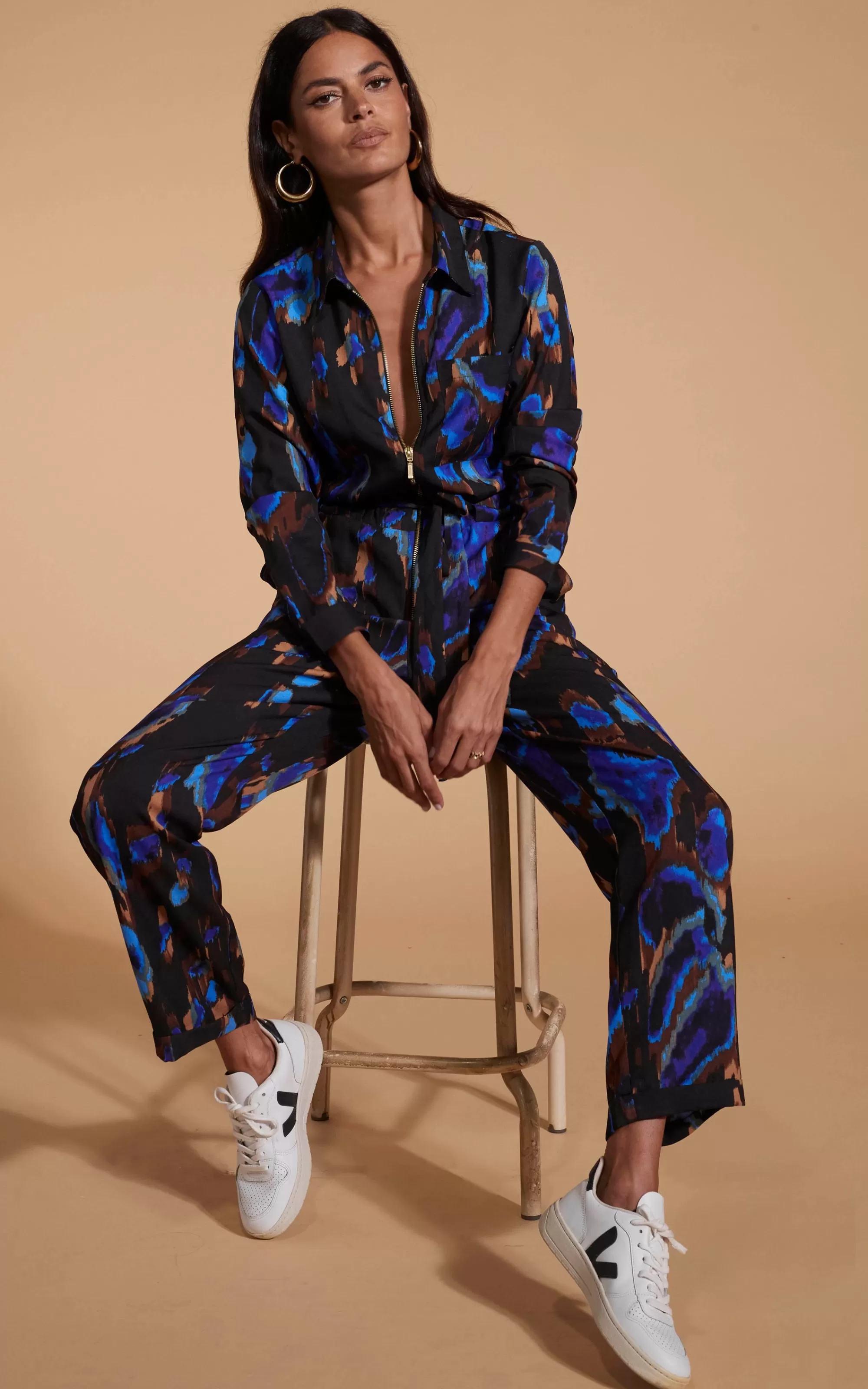 Jumpsuits>Dancing Leopard Roxanna Zip Jumpsuit In Camo Abstract Blue On Black