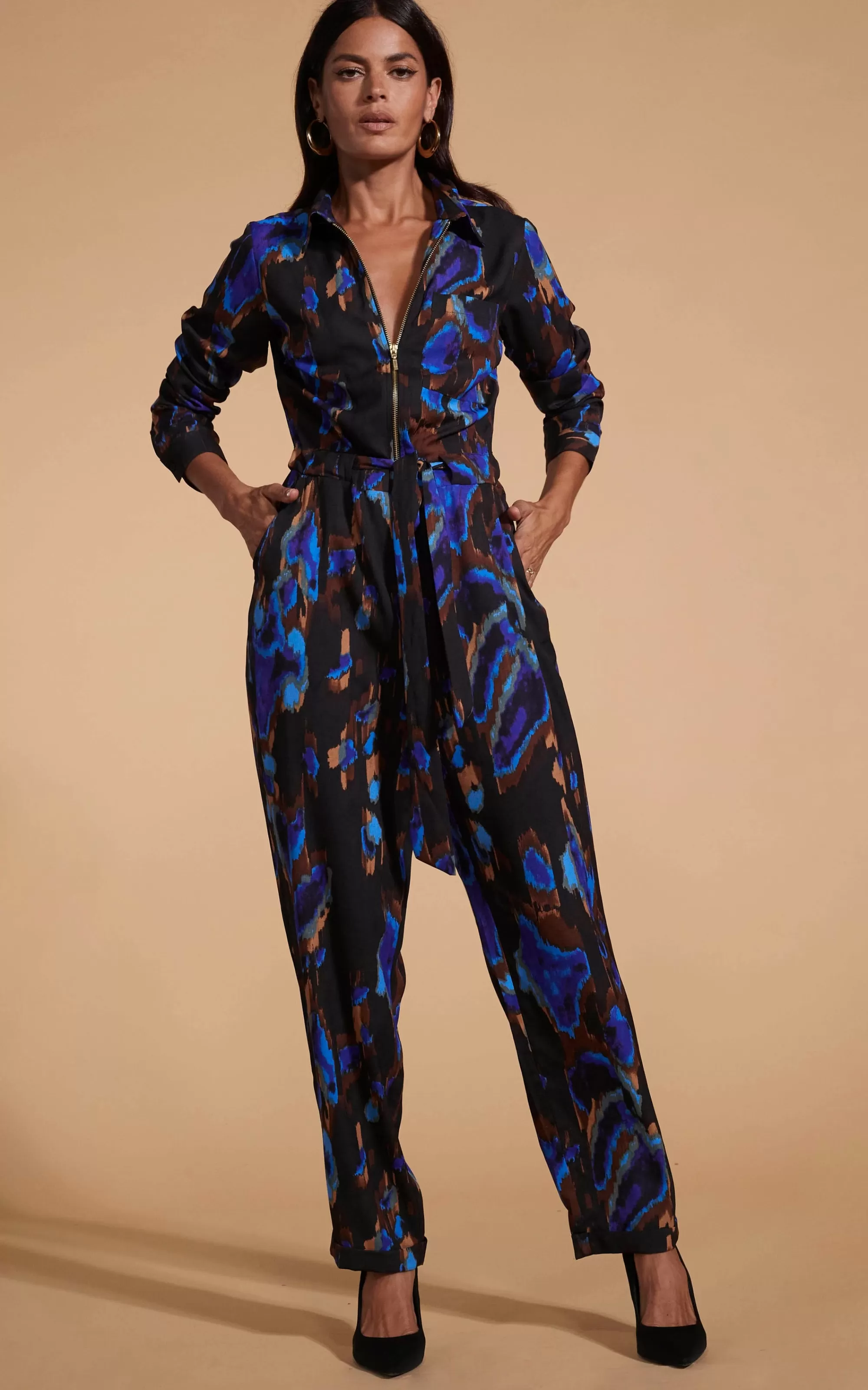 Jumpsuits>Dancing Leopard Roxanna Zip Jumpsuit In Camo Abstract Blue On Black