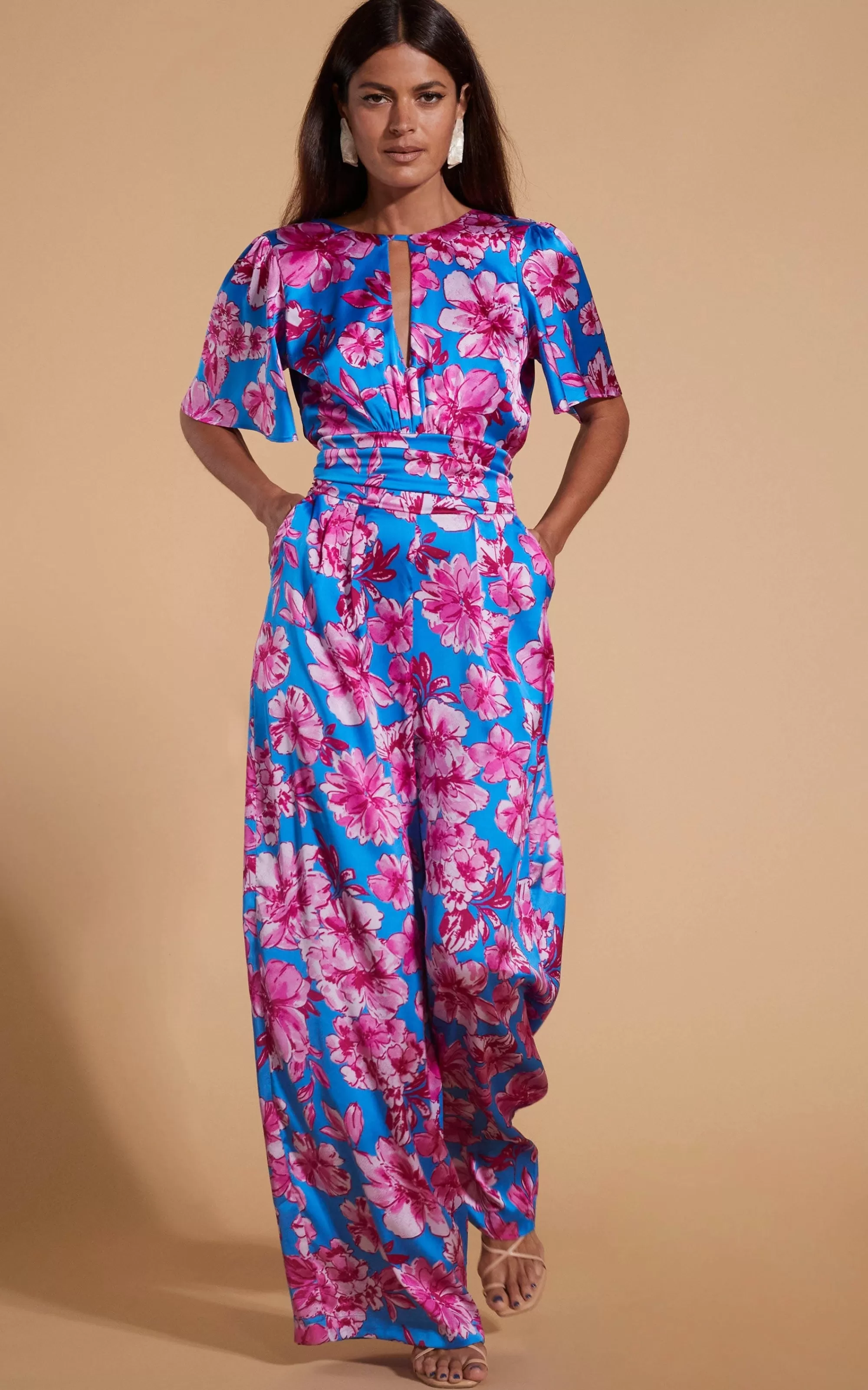 Jumpsuits>Dancing Leopard Savannah Jumpsuit In Pink On Blue Floral