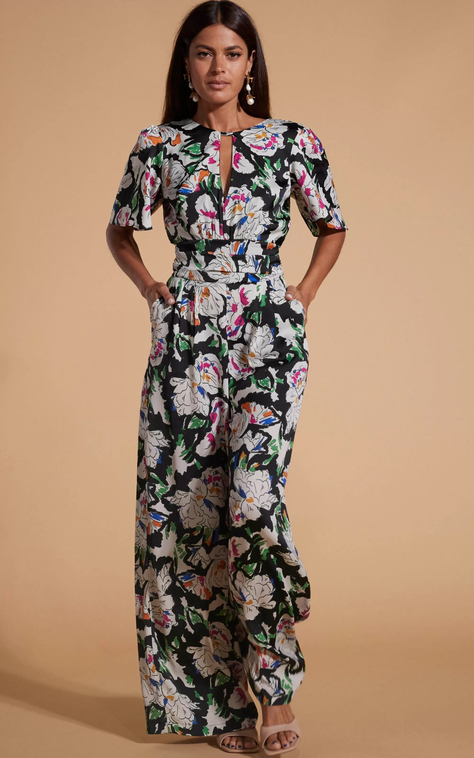 Jumpsuits>Dancing Leopard Savannah Jumpsuit In White On Black Floral