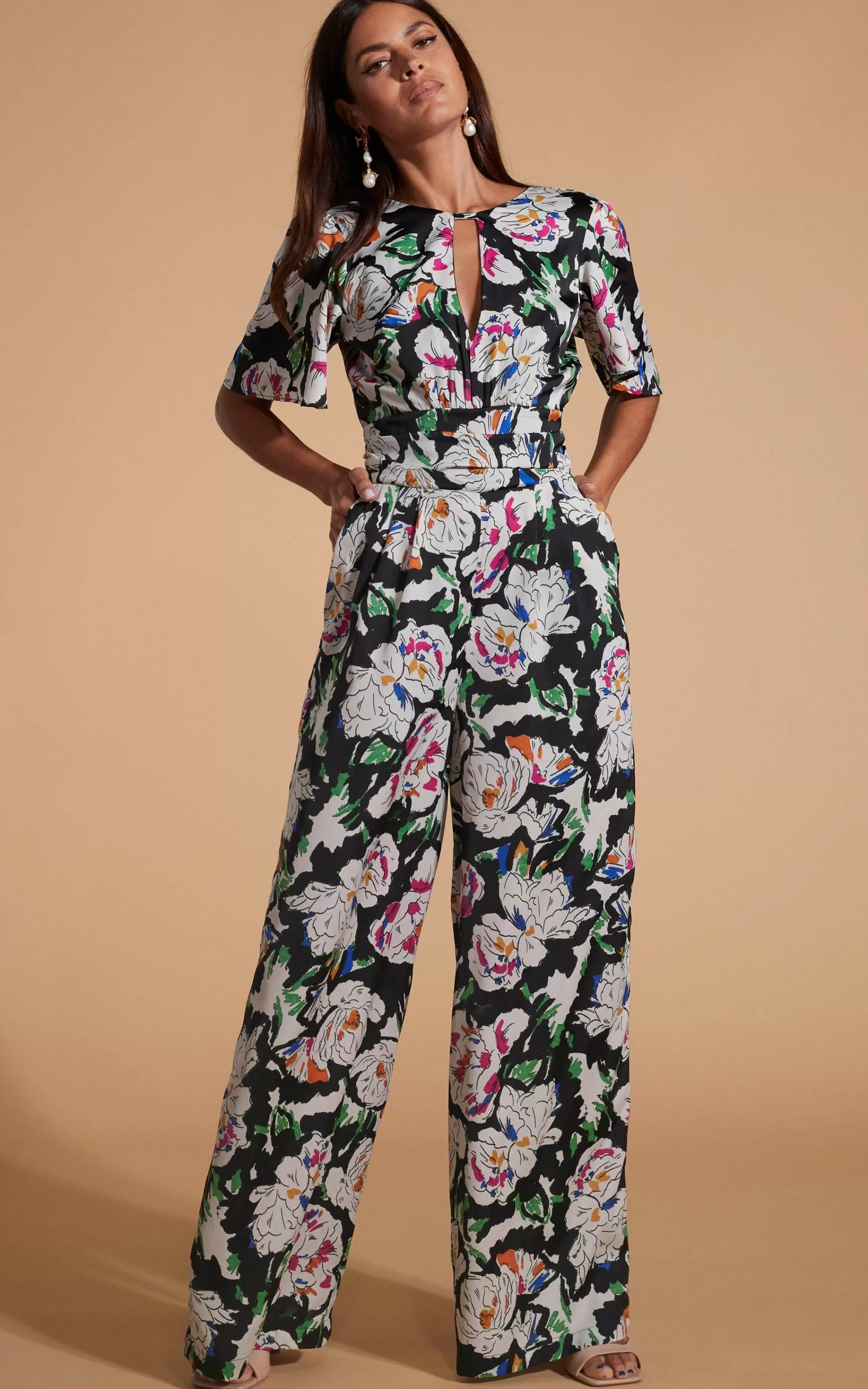 Jumpsuits>Dancing Leopard Savannah Jumpsuit In White On Black Floral