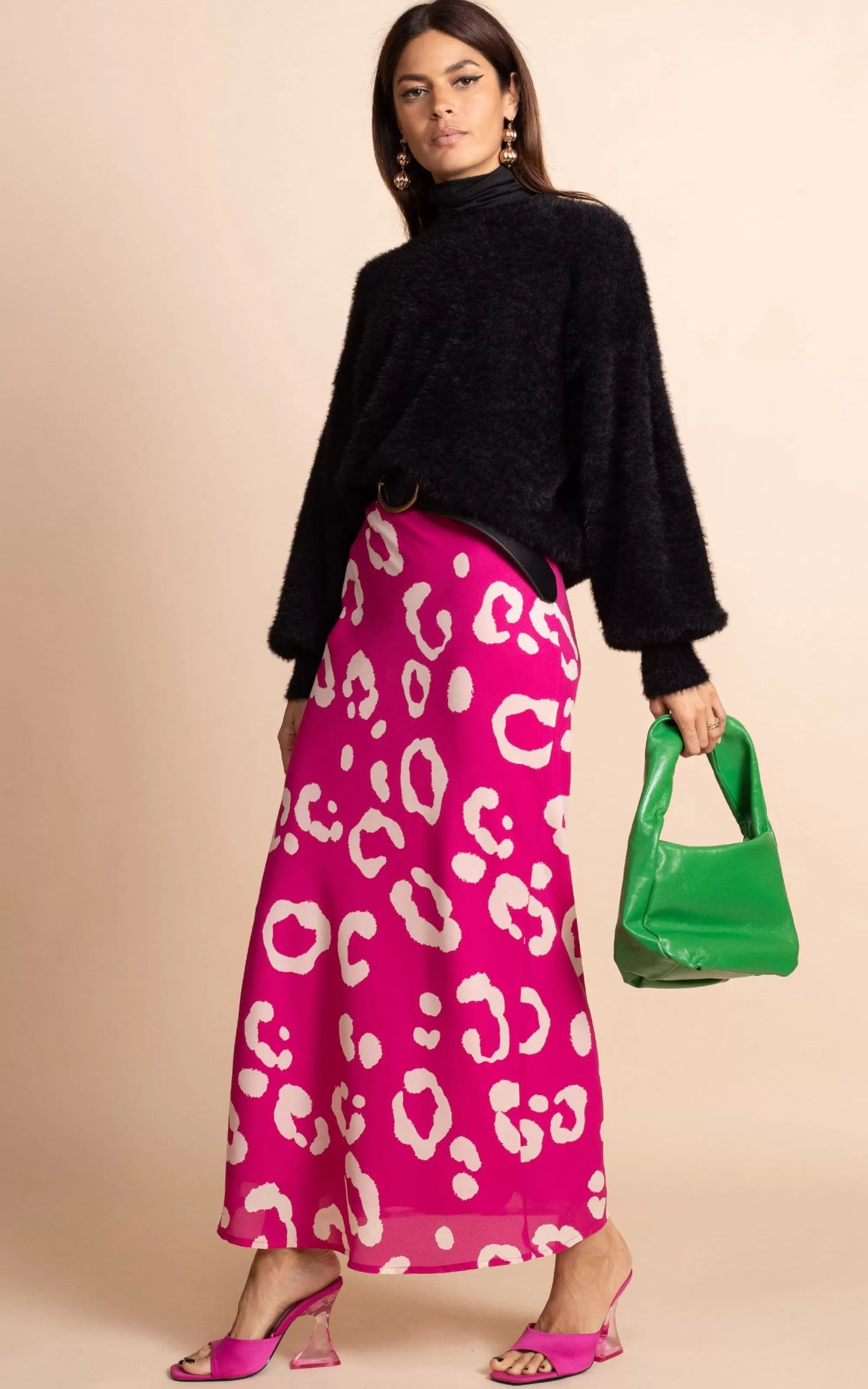 Skirts>Dancing Leopard Sophie Maxi Slip Skirt In Oversized Leopard Cream On Magenta